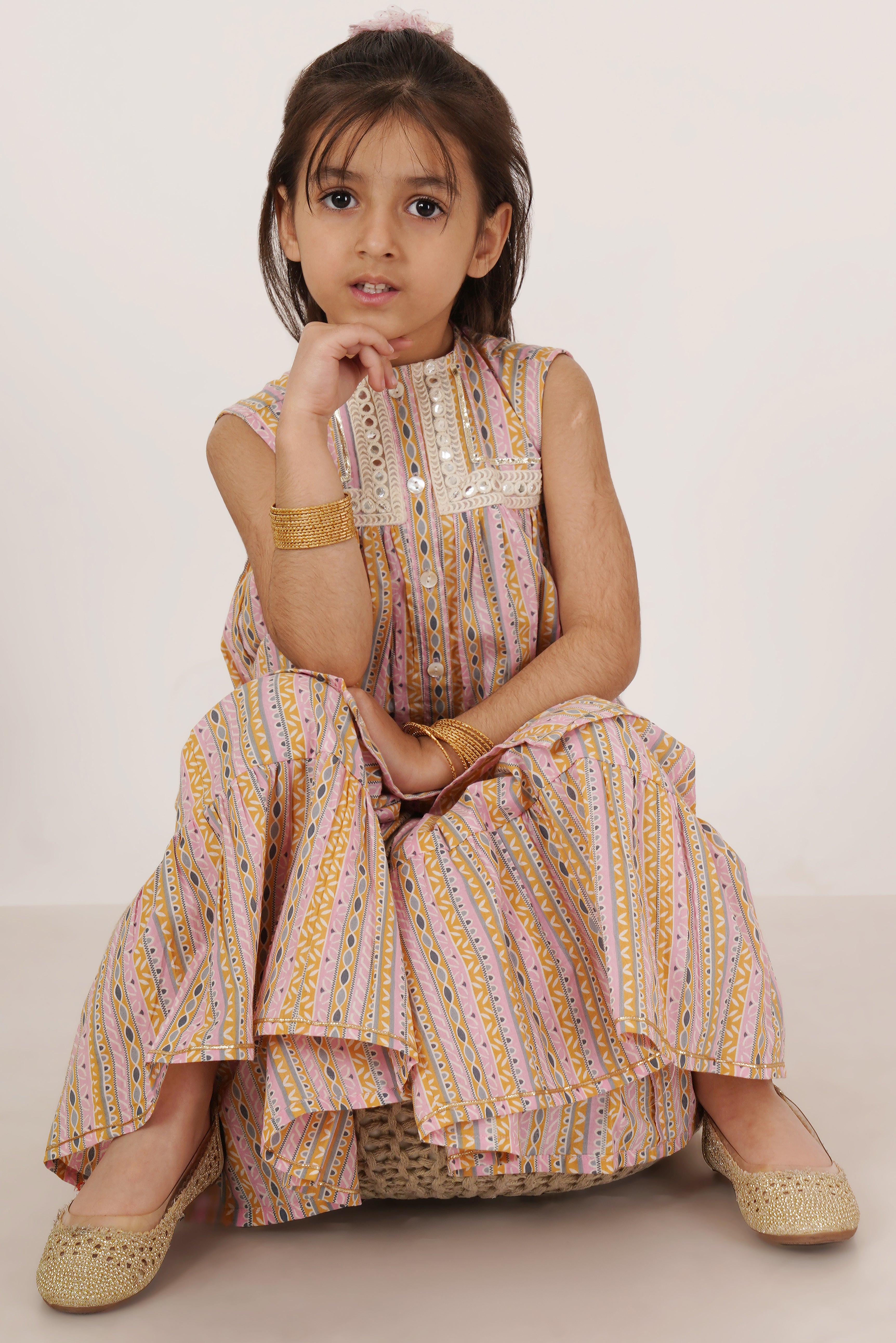 Ethnic Cotton Sleeveless Kurta Set For Girls