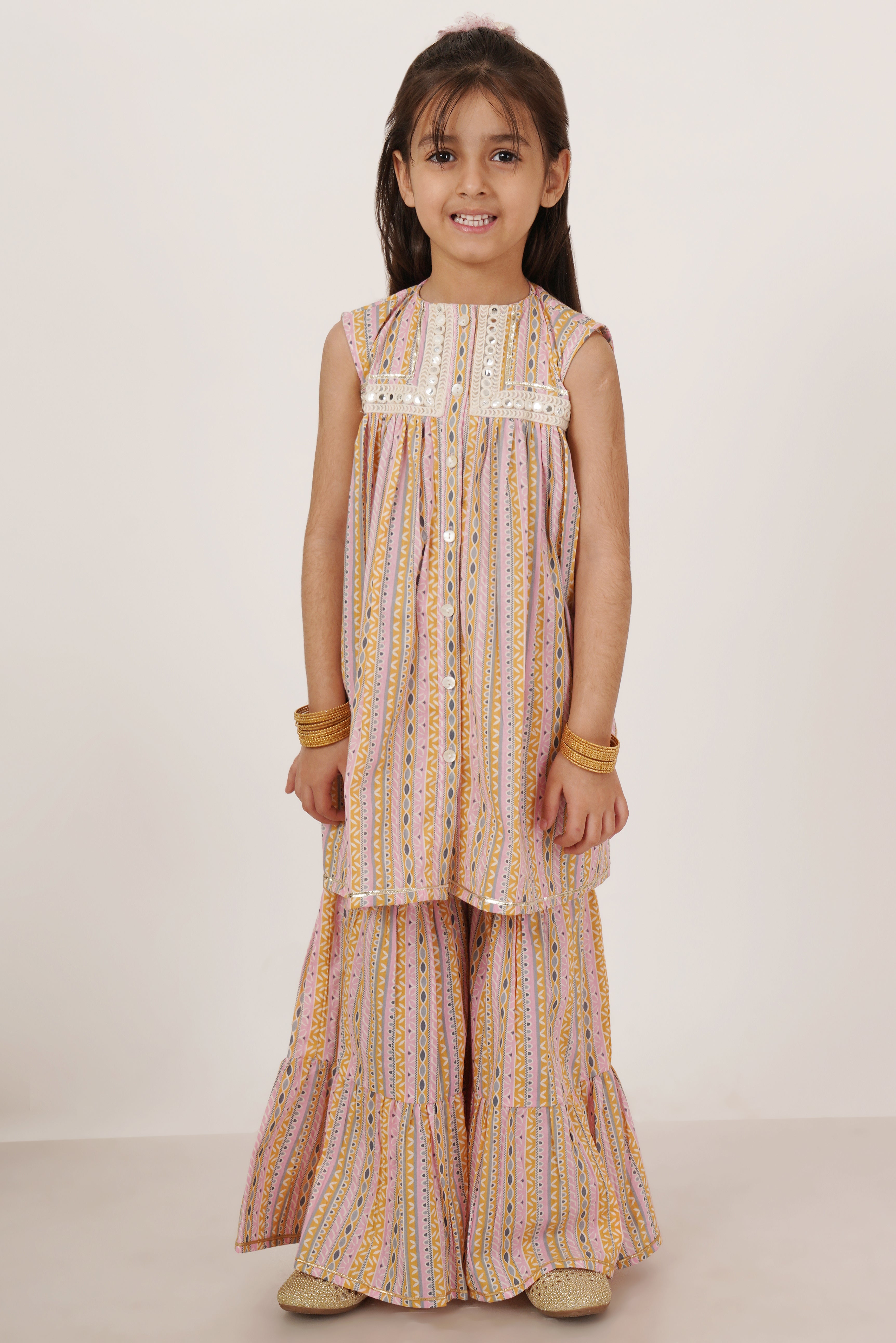 Ethnic Cotton Sleeveless Kurta Set For Girls