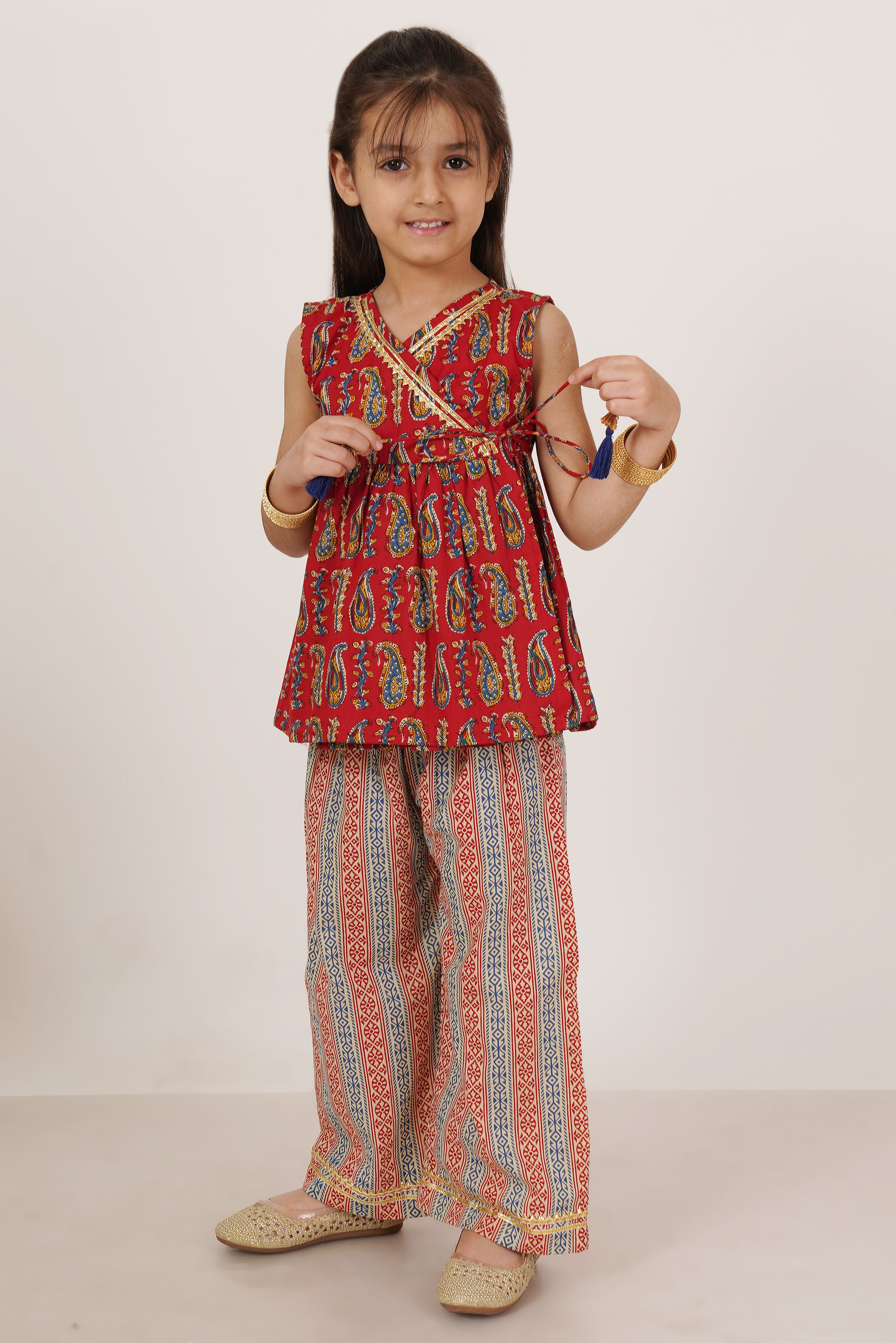 Heritage Cotton Angrakha Top with Pants For Girls