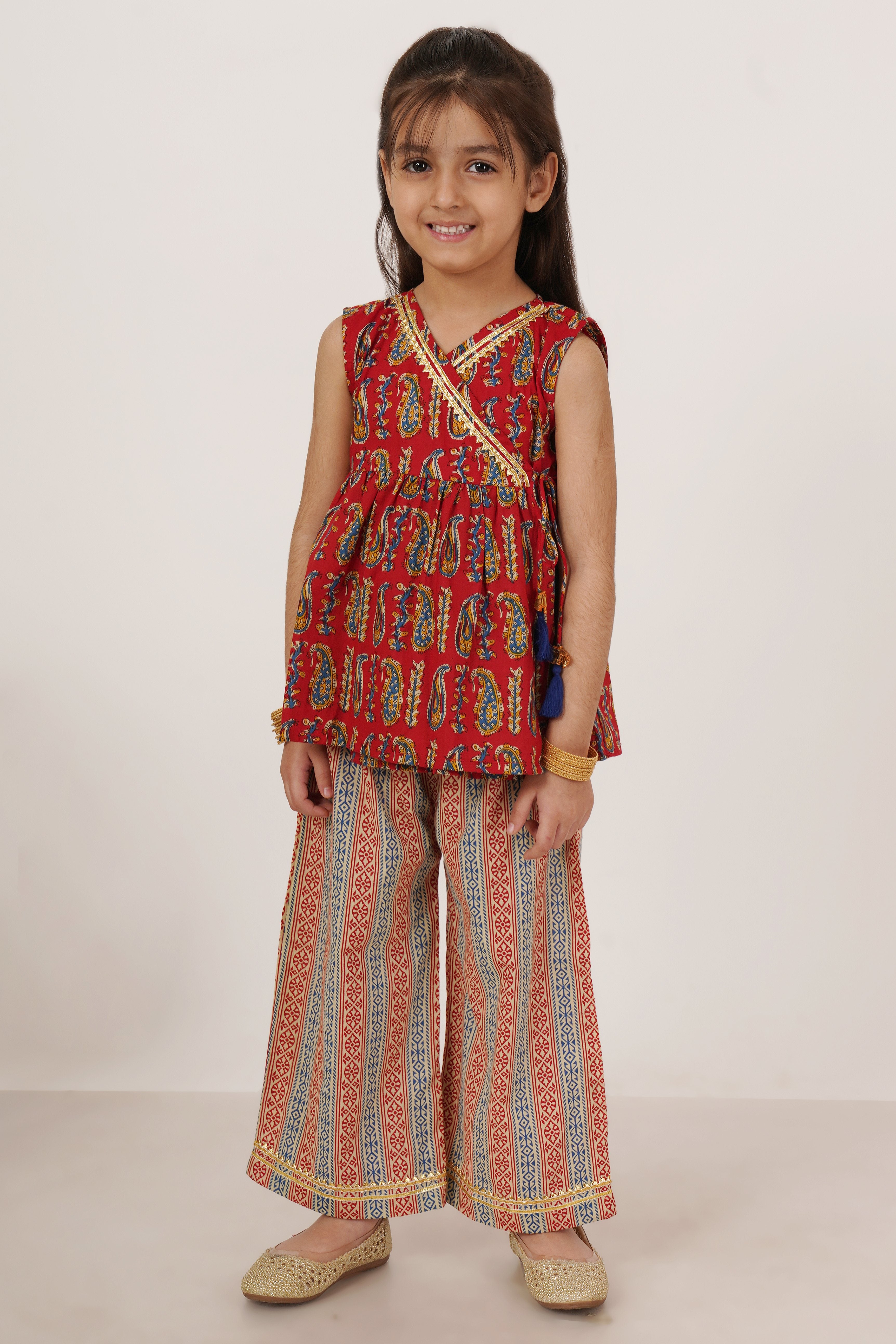 Heritage Cotton Angrakha Top with Pants For Girls