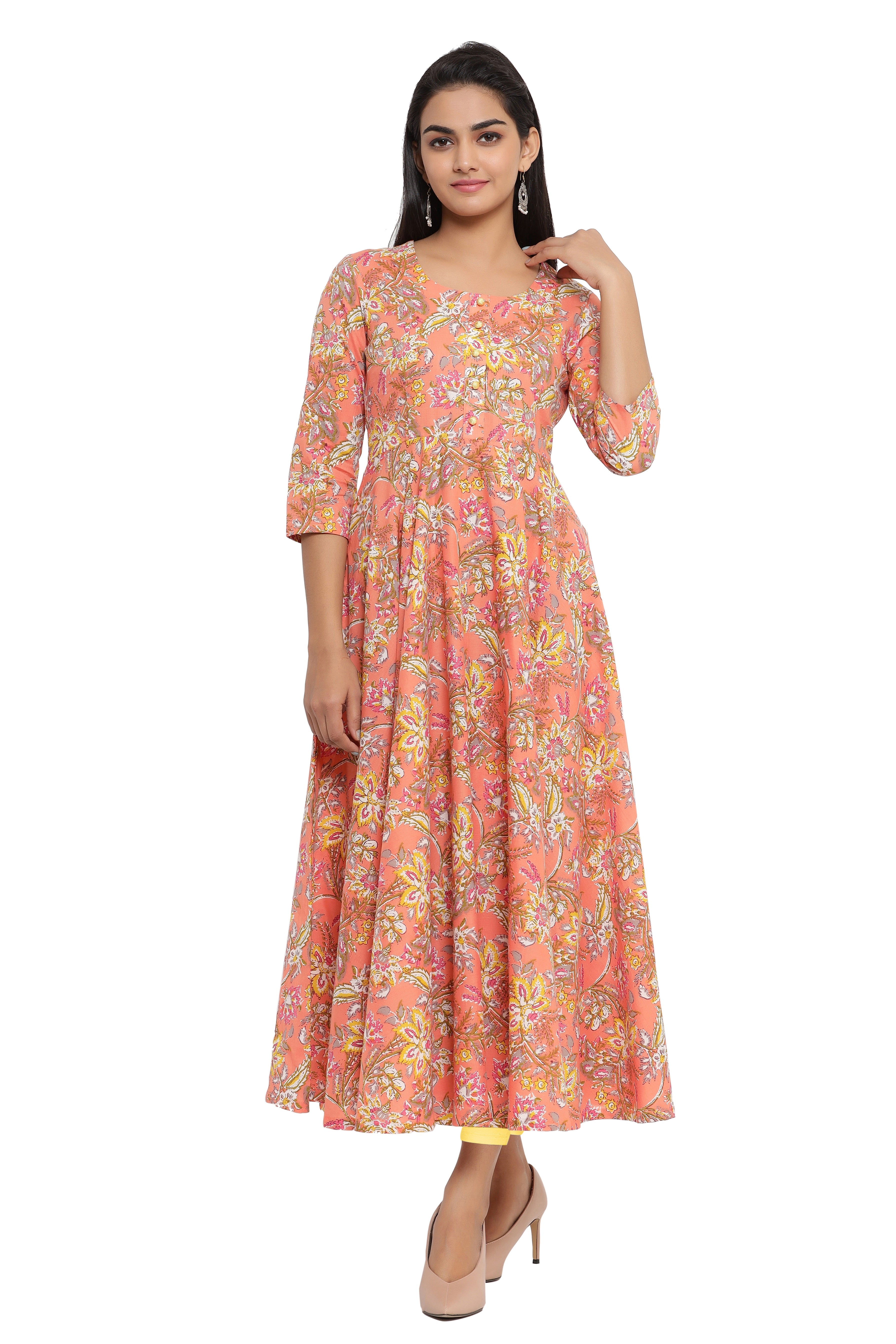 Handcrafted Sanganeri Printed Flared Kurta for Women