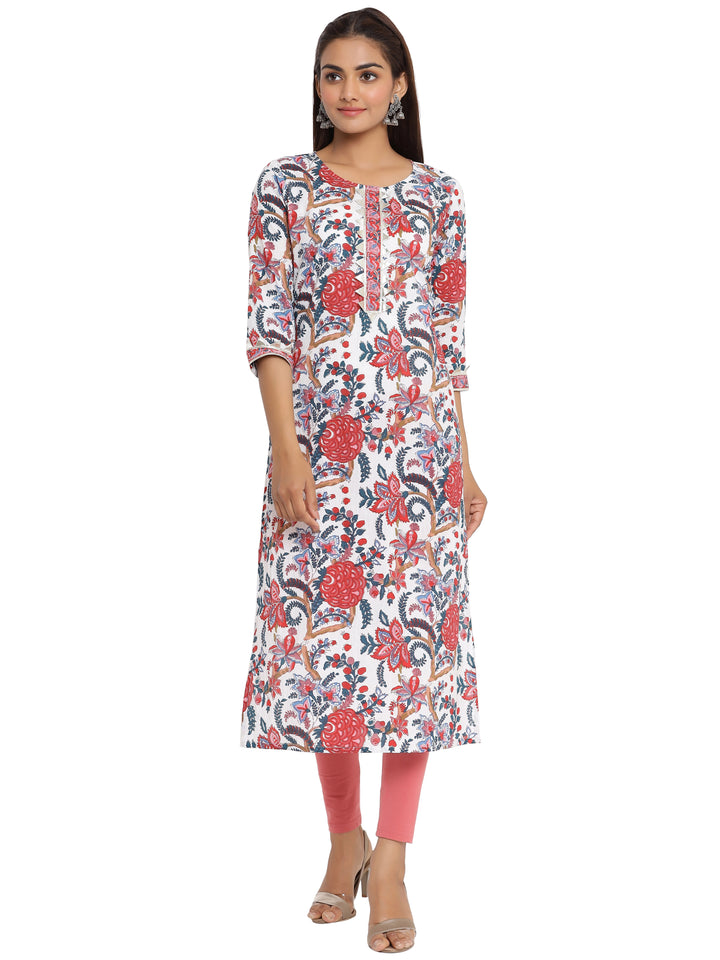 White Traditional Jaipuri Straight Kurta For Women