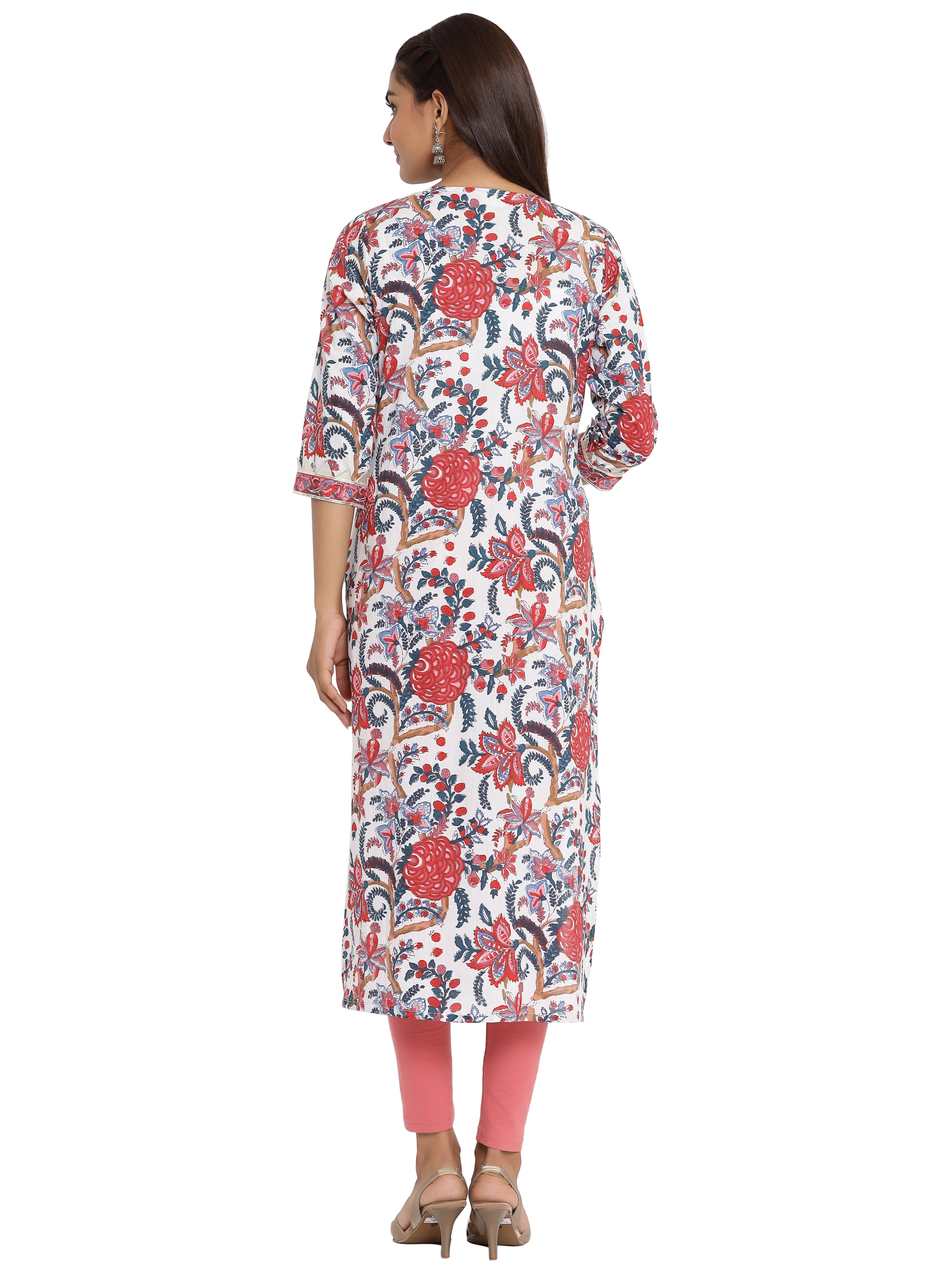 White Traditional Jaipuri Straight Kurta For Women