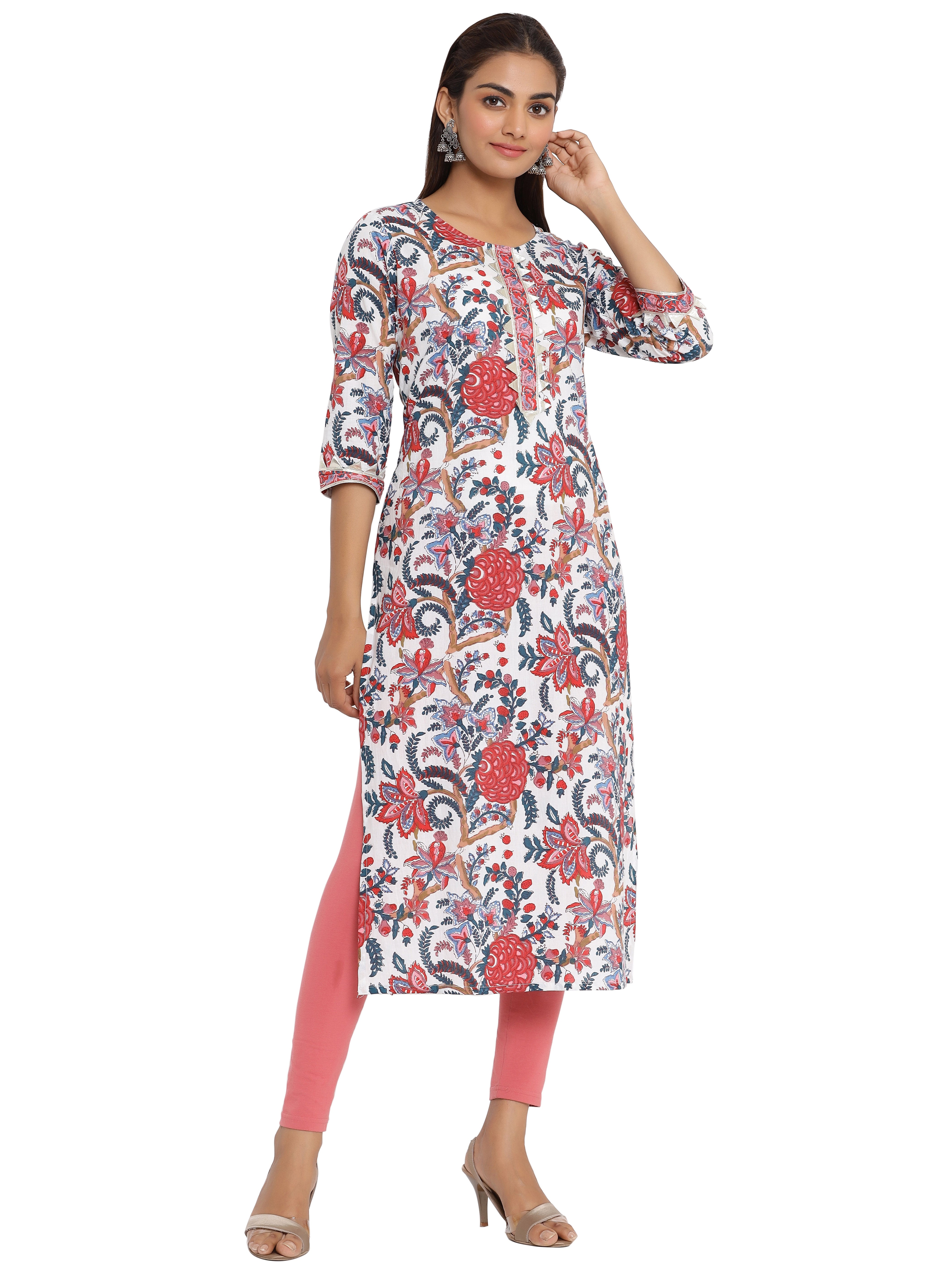 White Traditional Jaipuri Straight Kurta For Women