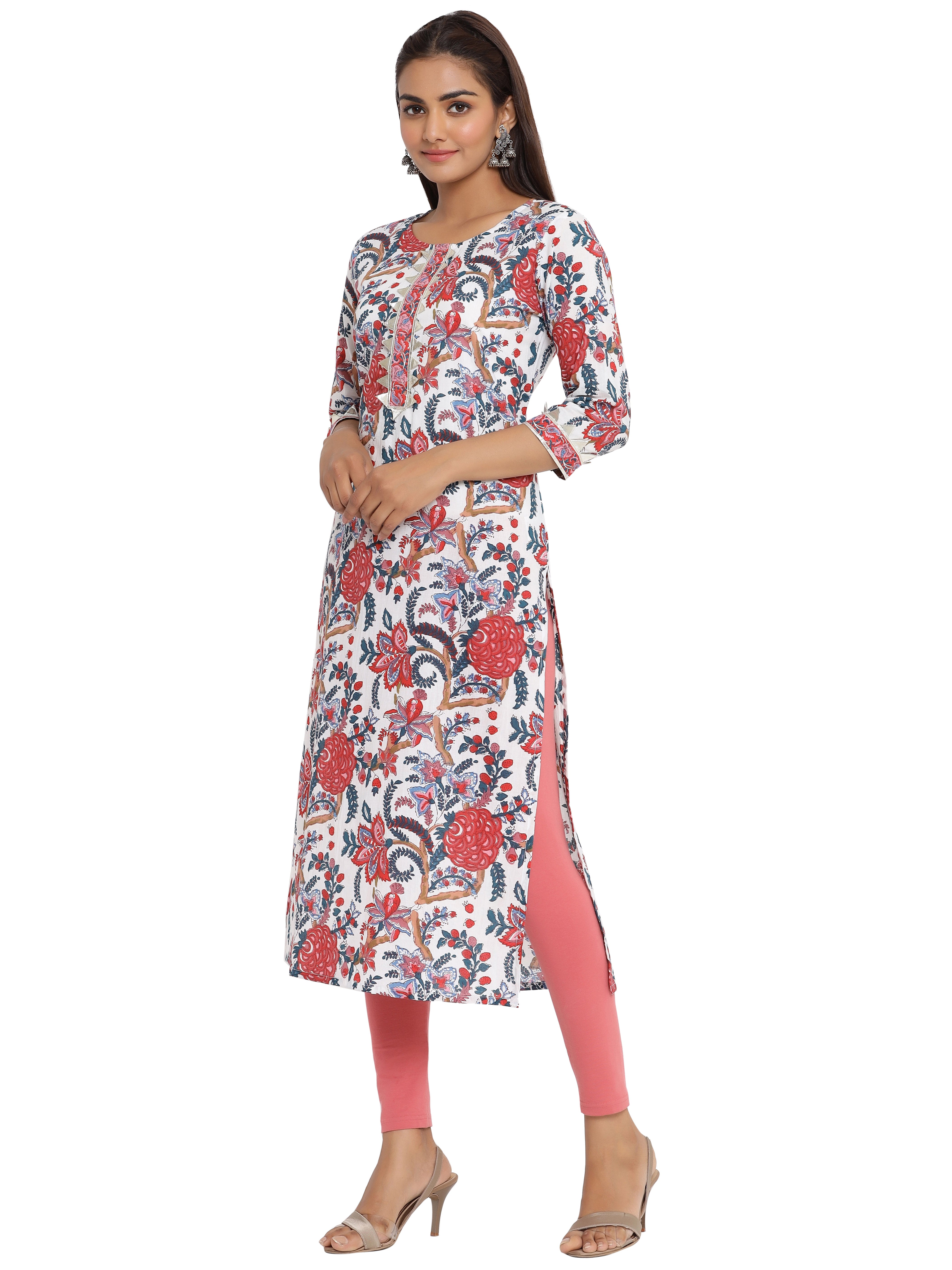 White Traditional Jaipuri Straight Kurta For Women