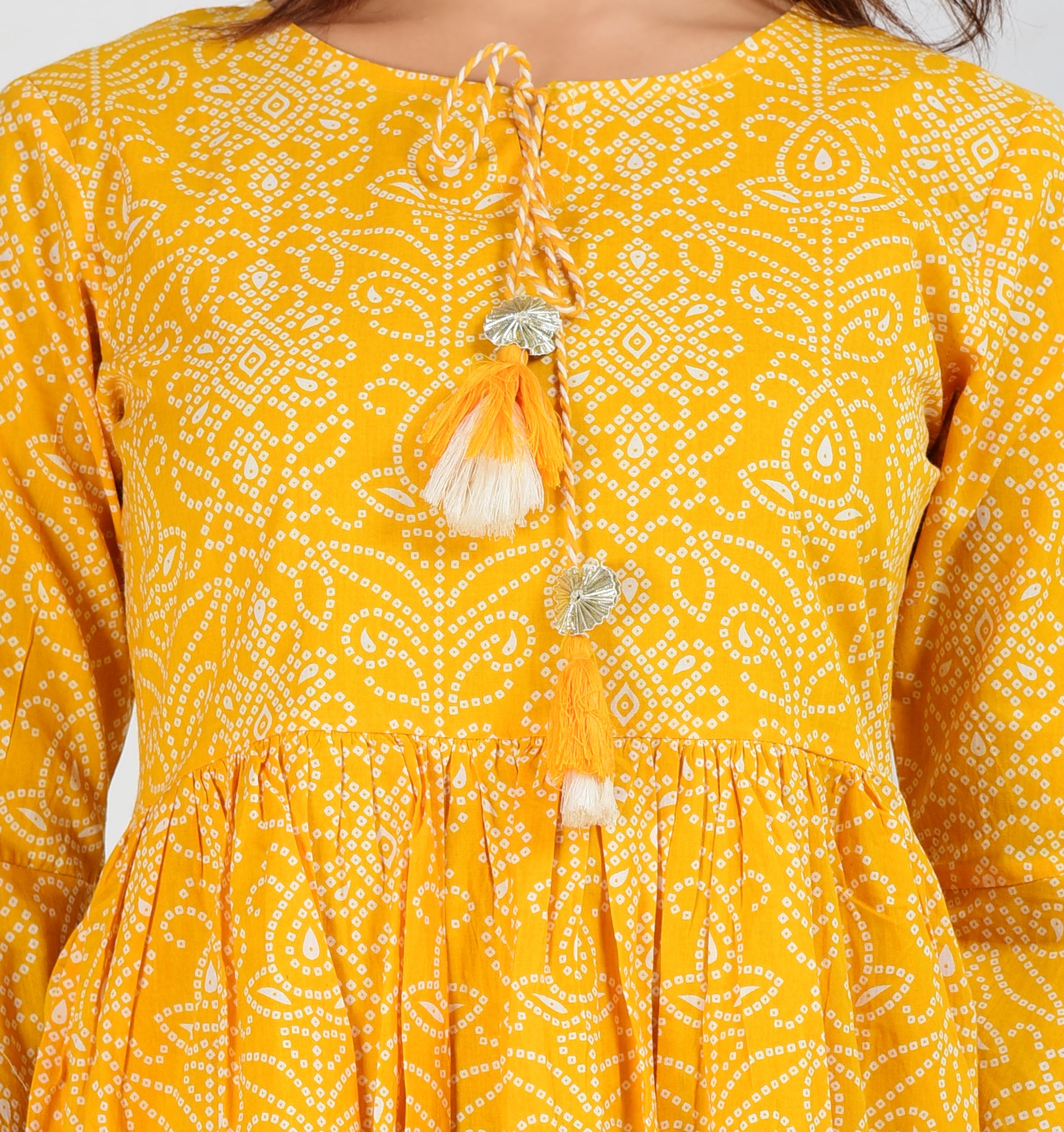 Jaipuri Bandhani Yellow Cotton Top For Women