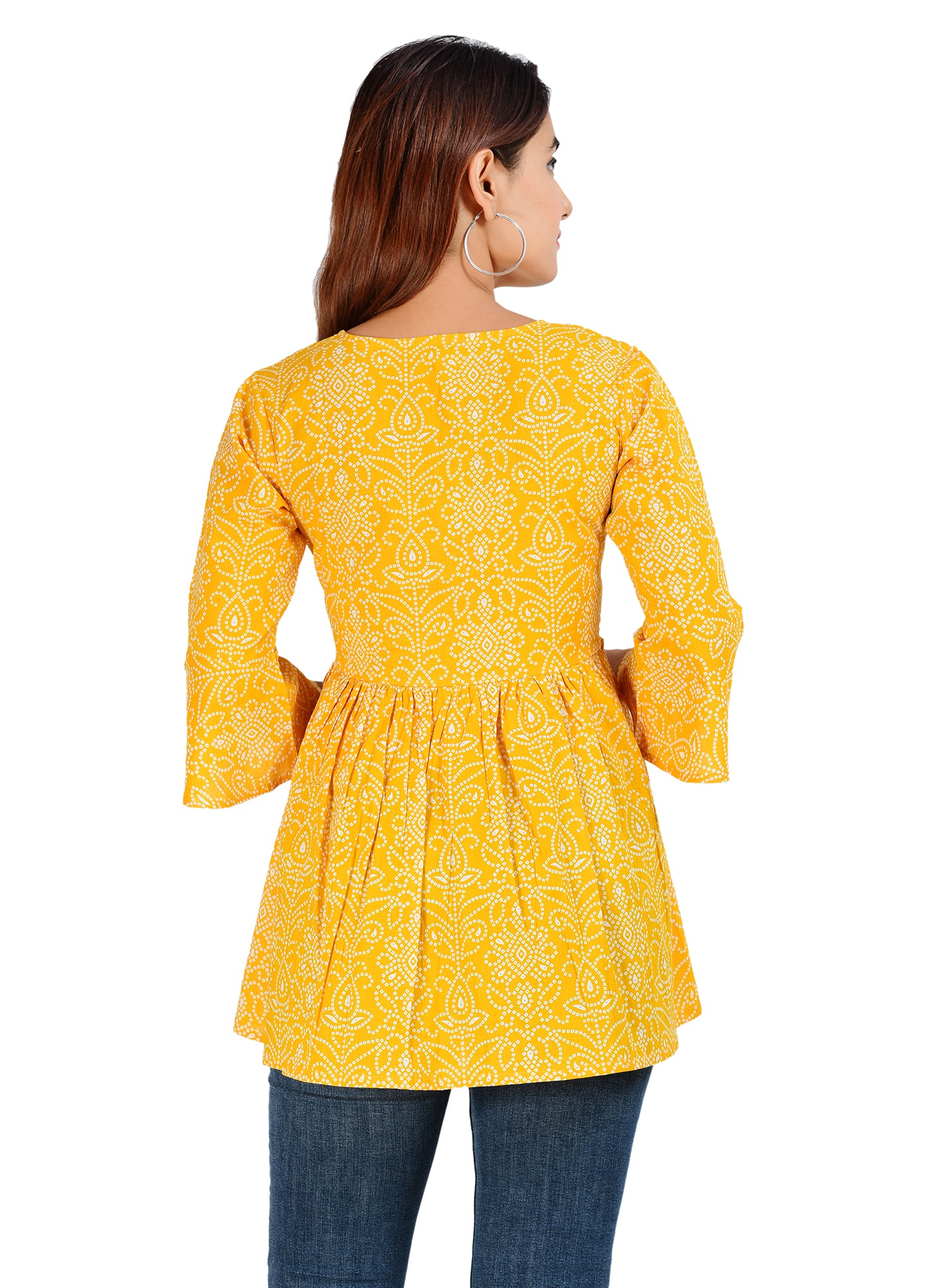 Jaipuri Bandhani Yellow Cotton Top For Women