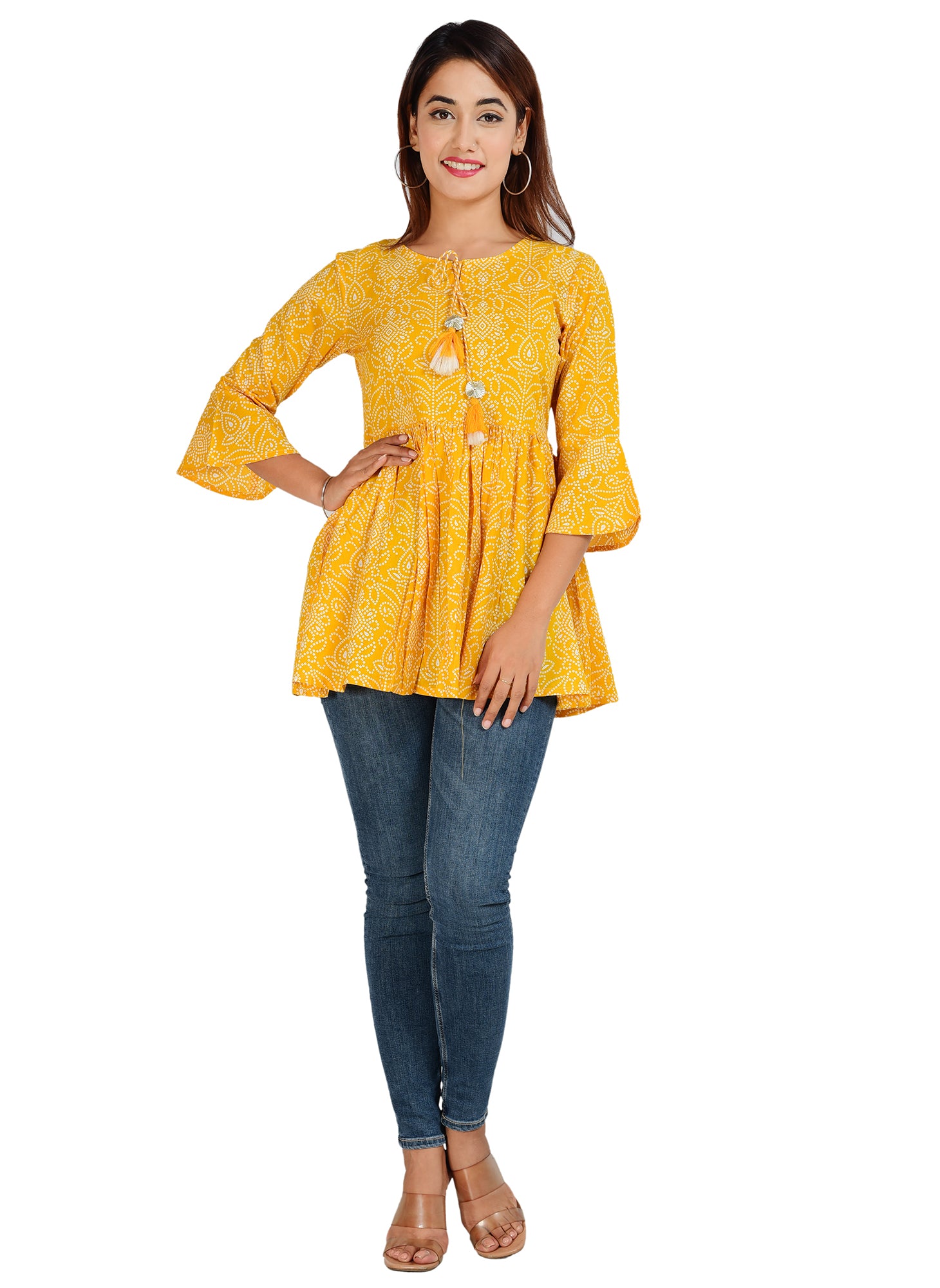 Jaipuri Bandhani Yellow Cotton Top For Women