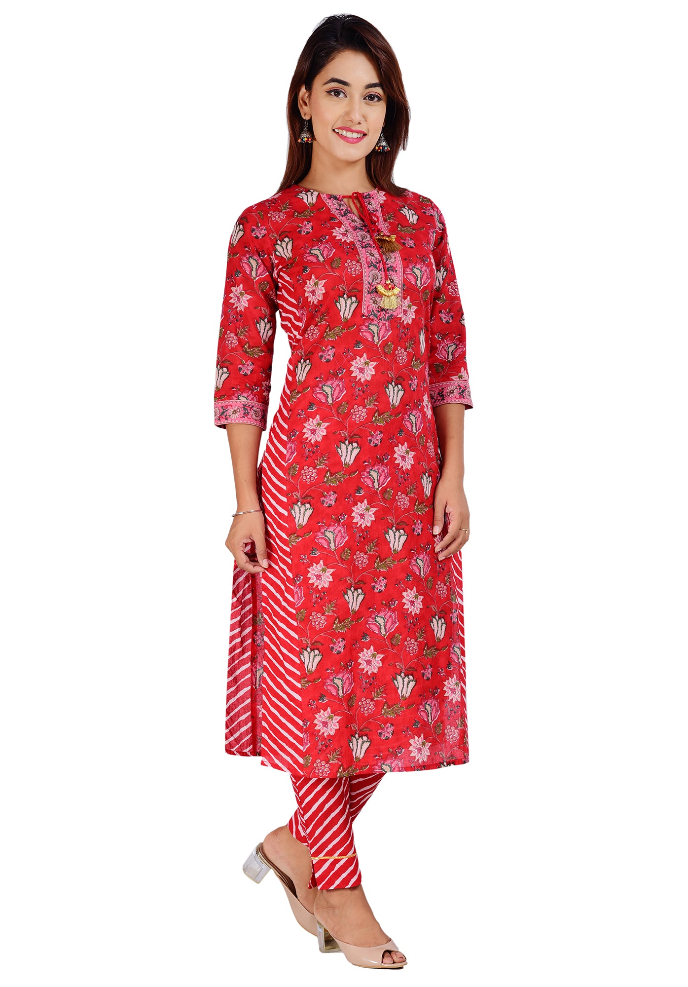 Red Cotton Kurta and Pants Set for Women