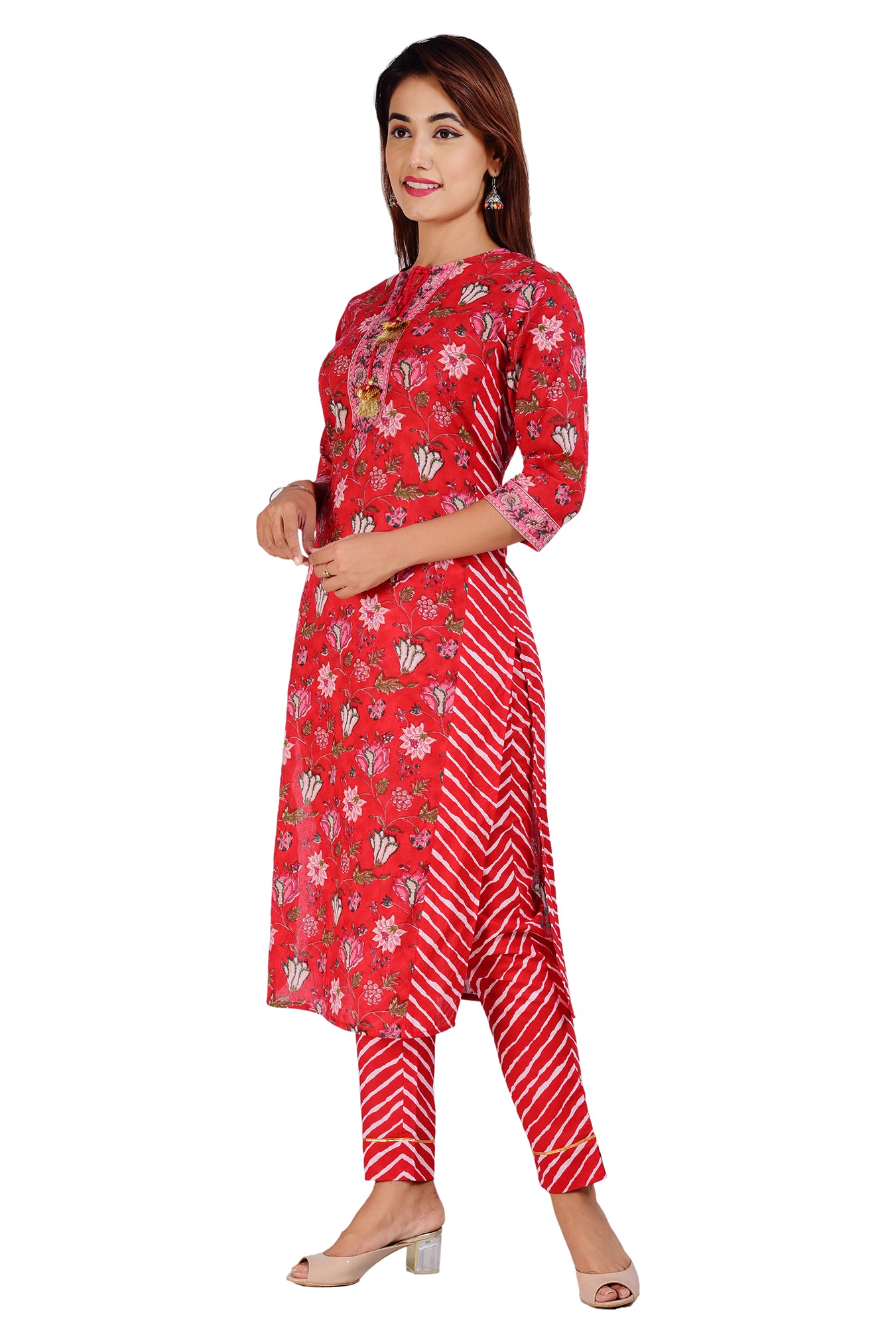 Red Cotton Kurta and Pants Set for Women