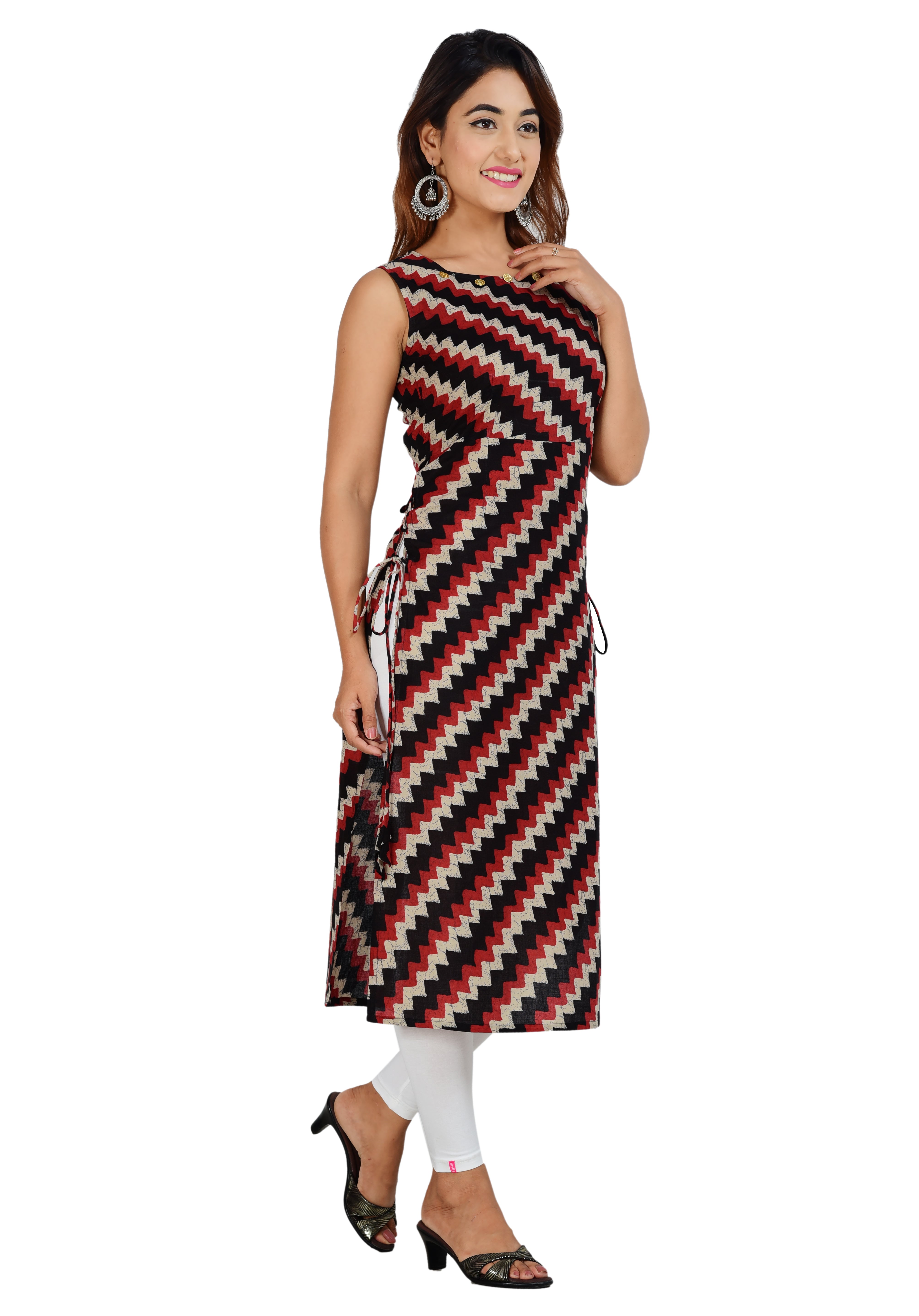 Sleeveless Zigzag Side-Tie Cotton Kurti for Women