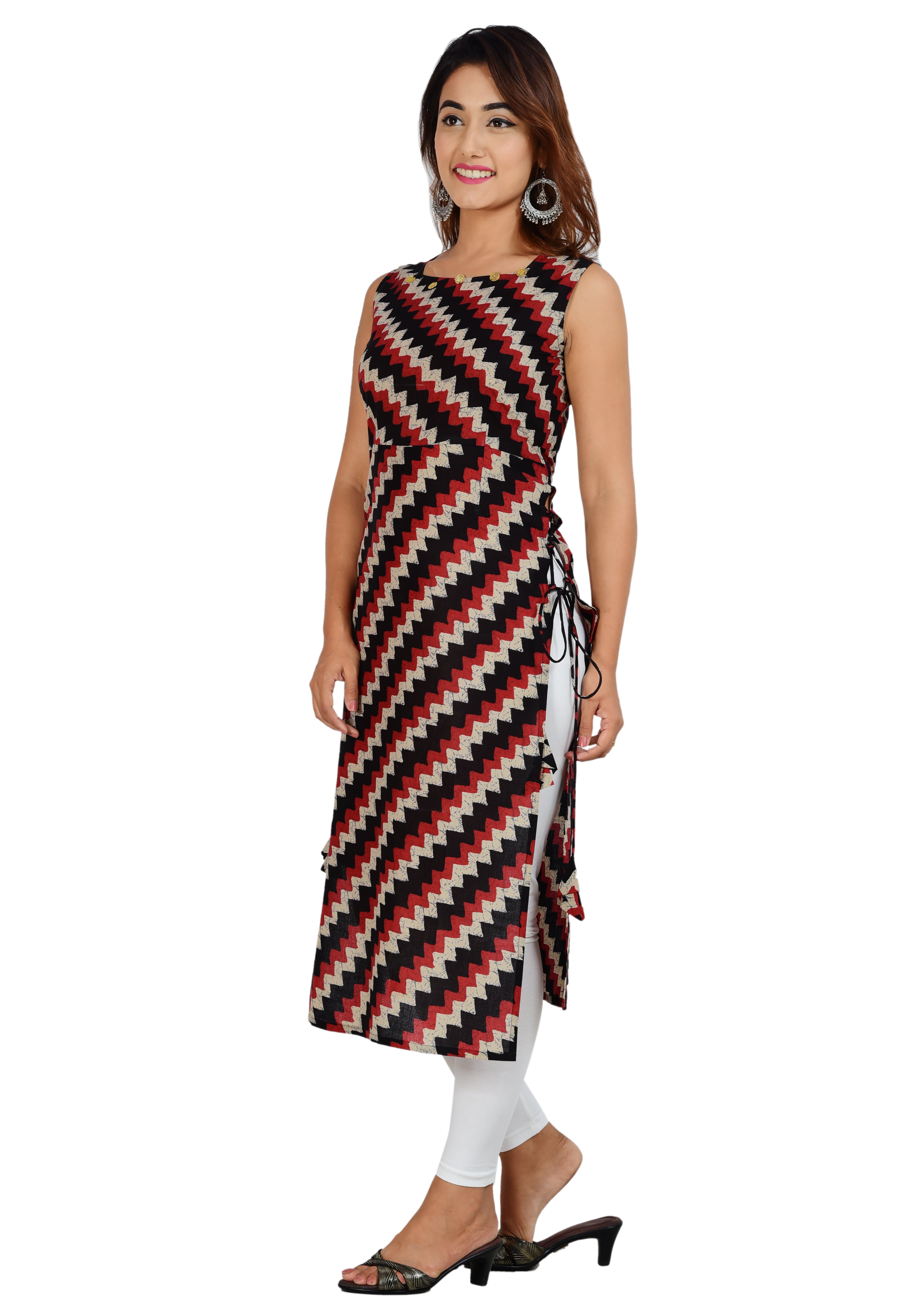 Sleeveless Zigzag Side-Tie Cotton Kurti for Women
