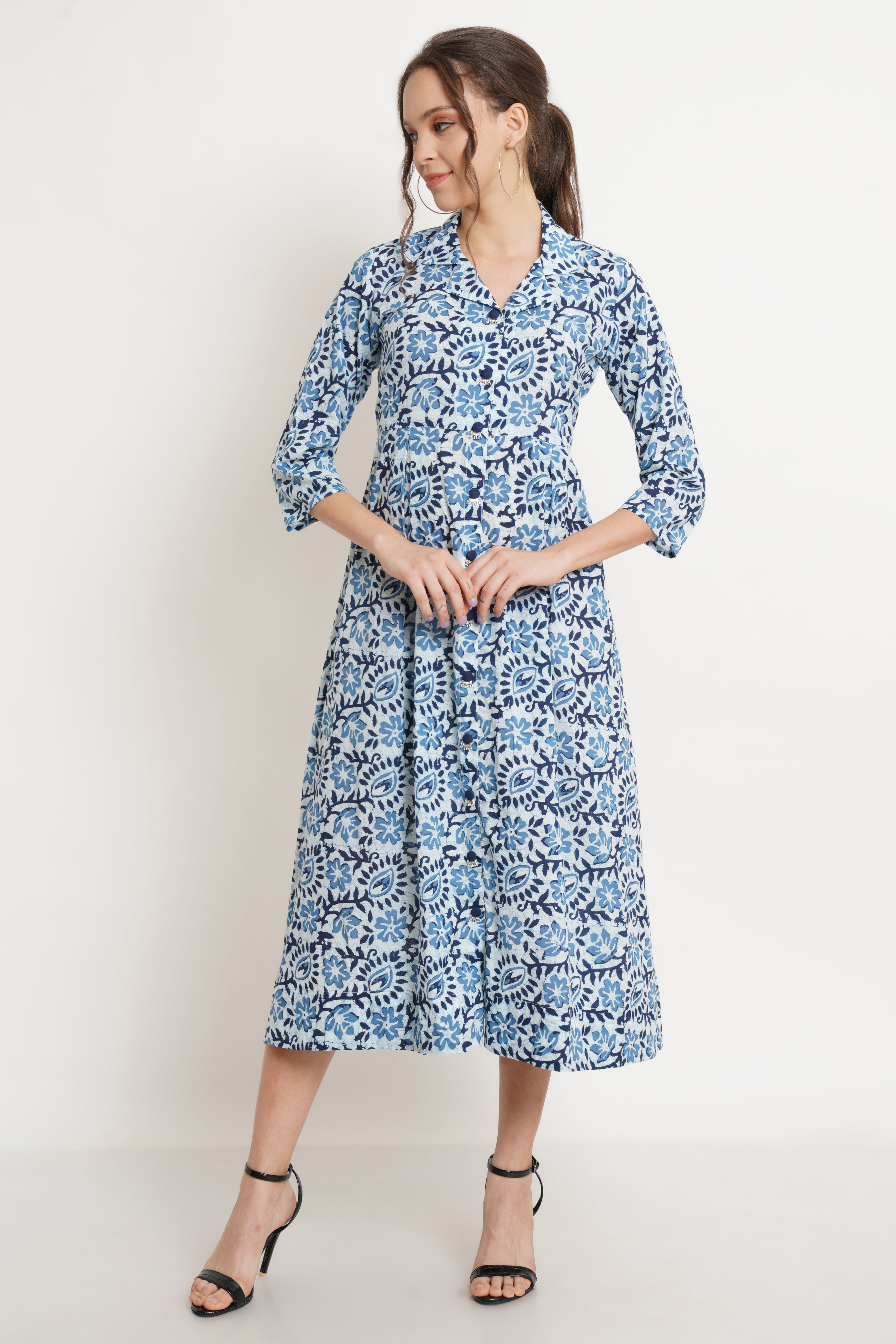 Pure Cotton Blue Fit & Flare Midi Dress for Women