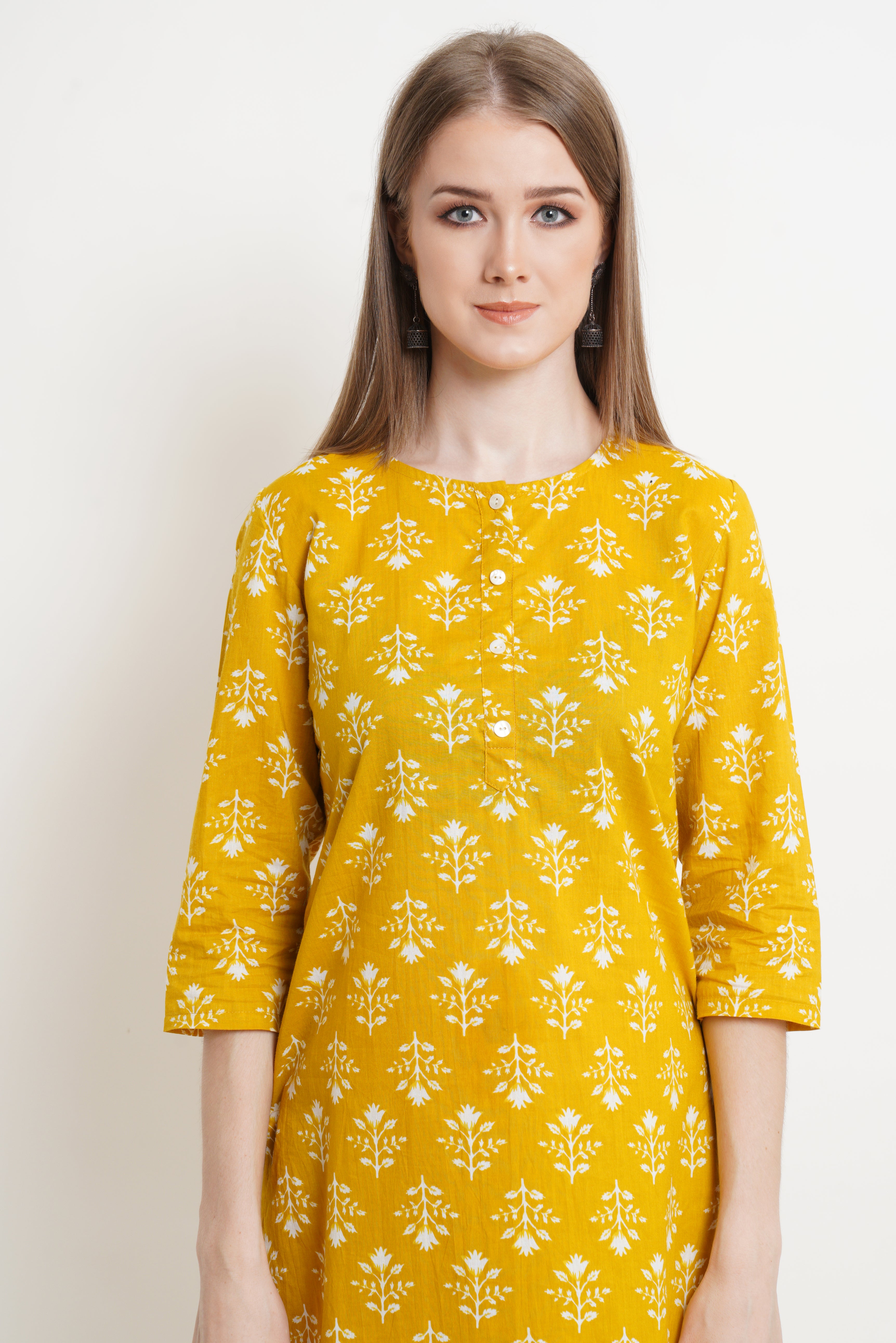 Ensemble Kurta et Palazzo en coton jaune moutarde pour femme