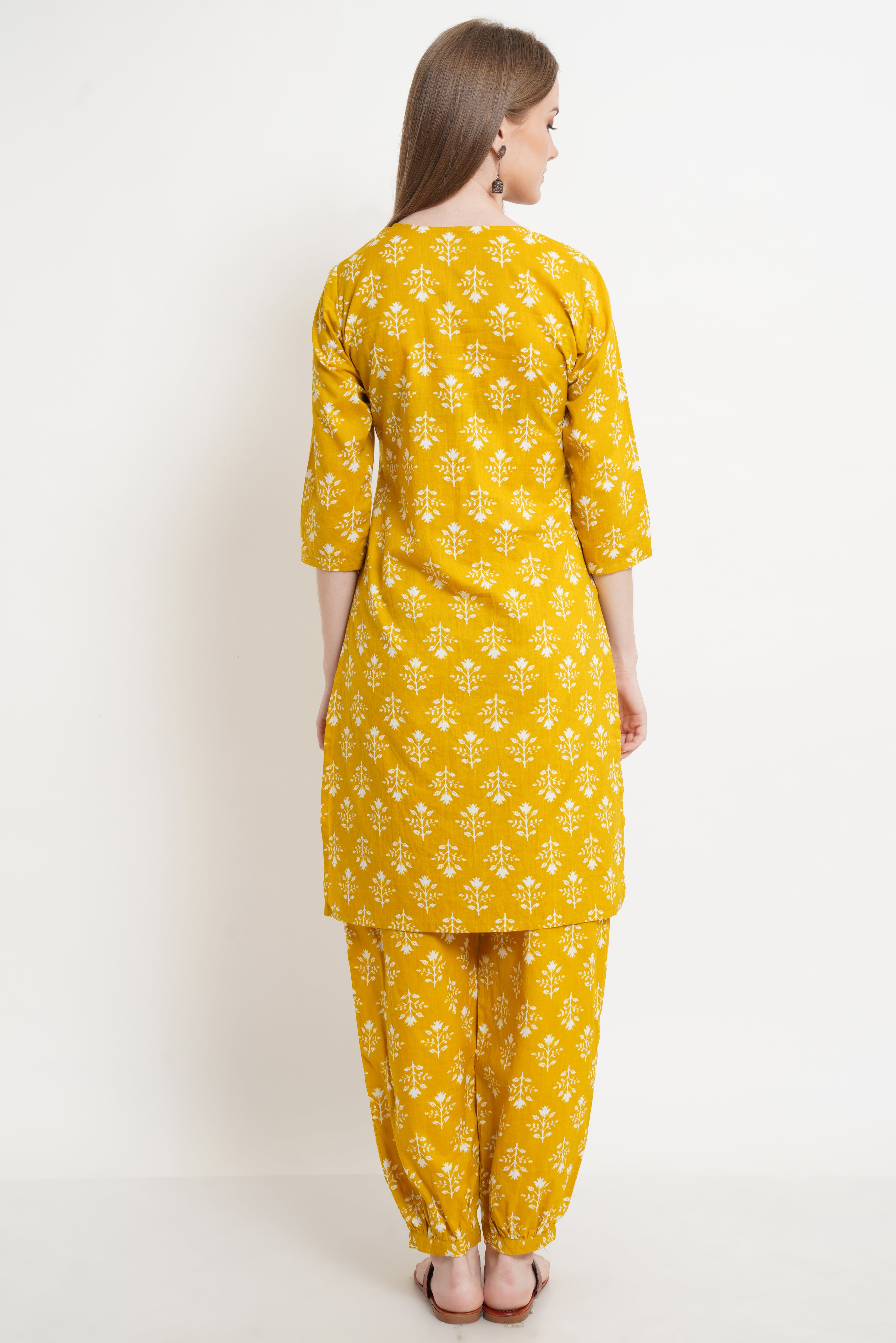 Ensemble Kurta et Palazzo en coton jaune moutarde pour femme