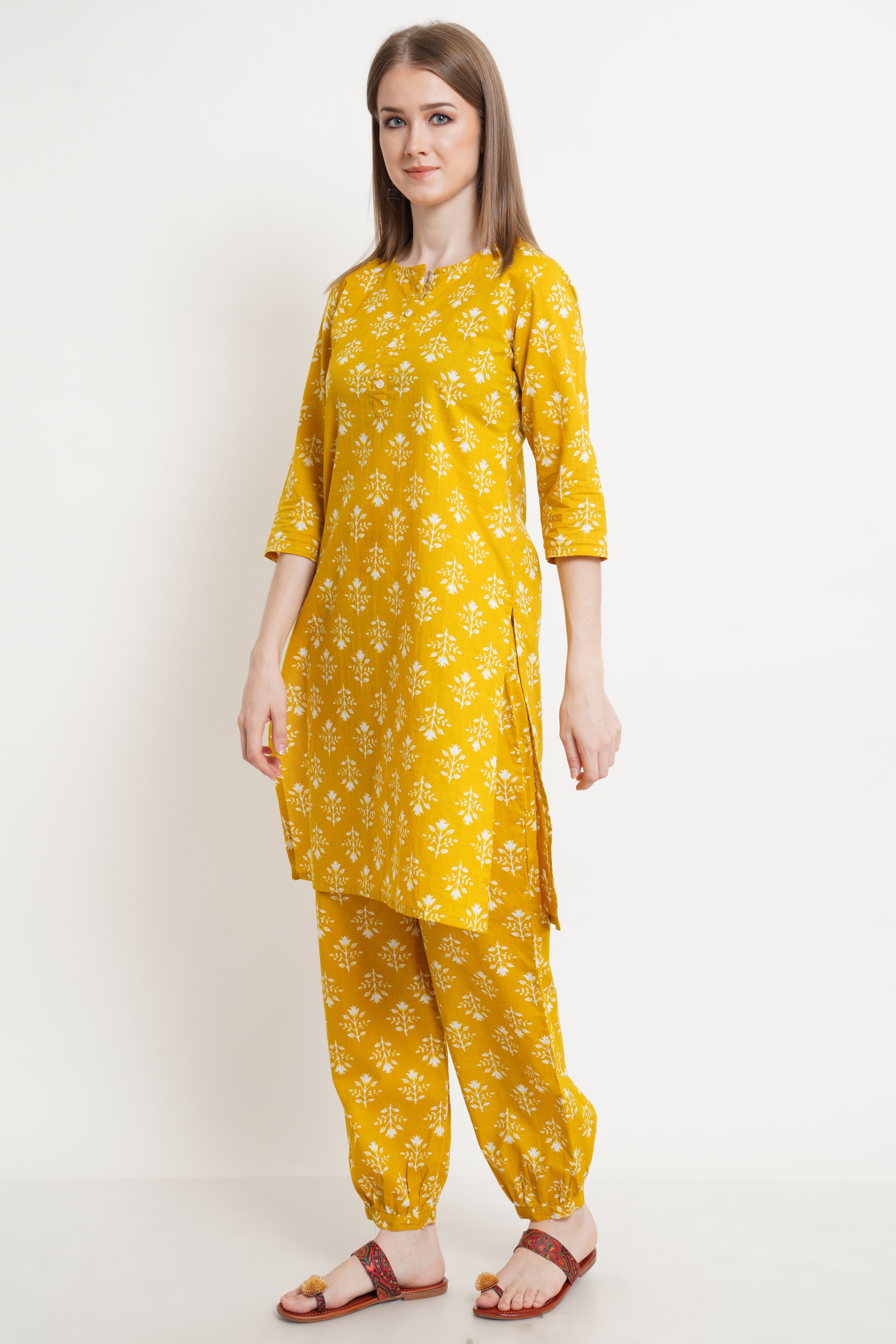 Ensemble Kurta et Palazzo en coton jaune moutarde pour femme