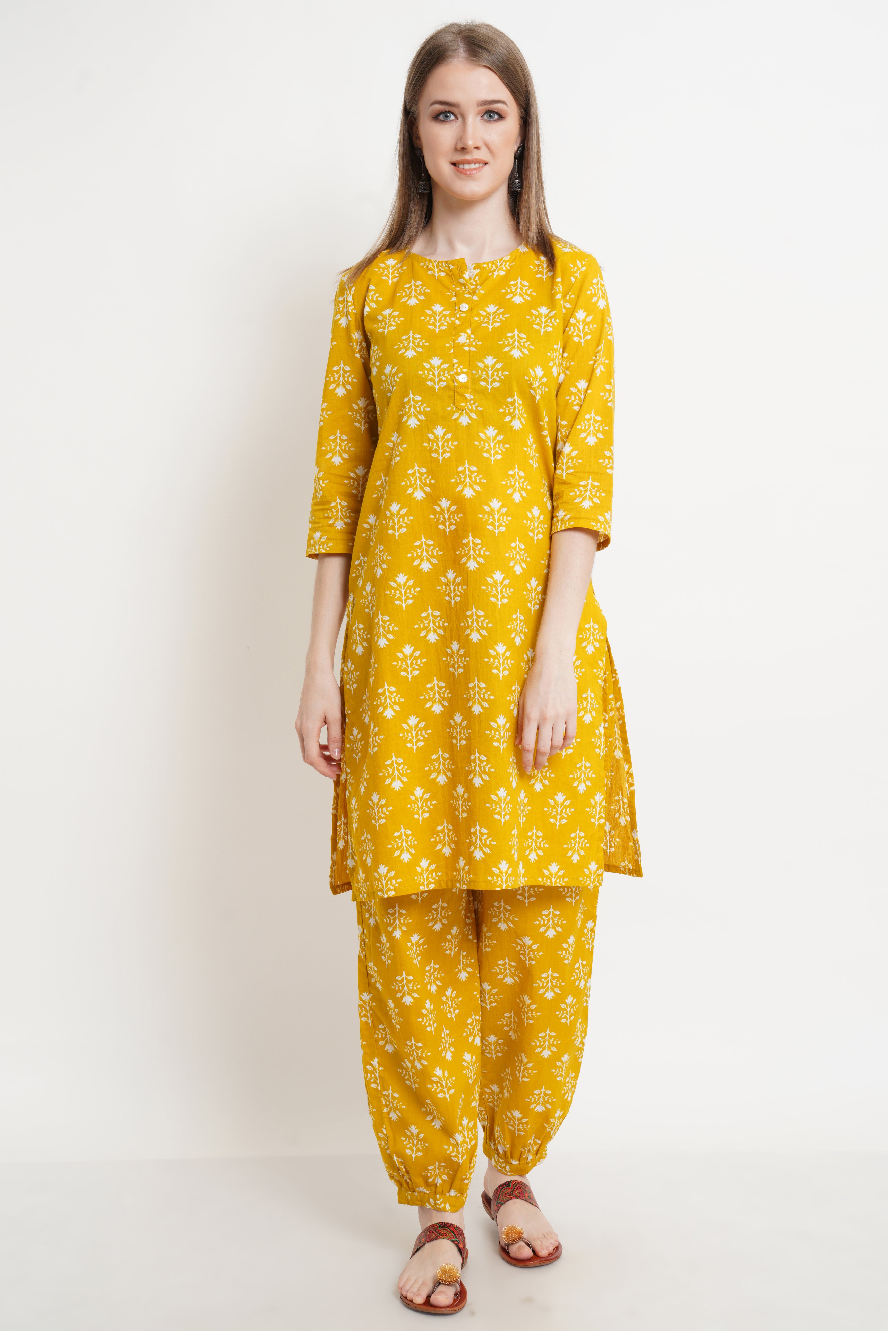 Ensemble Kurta et Palazzo en coton jaune moutarde pour femme