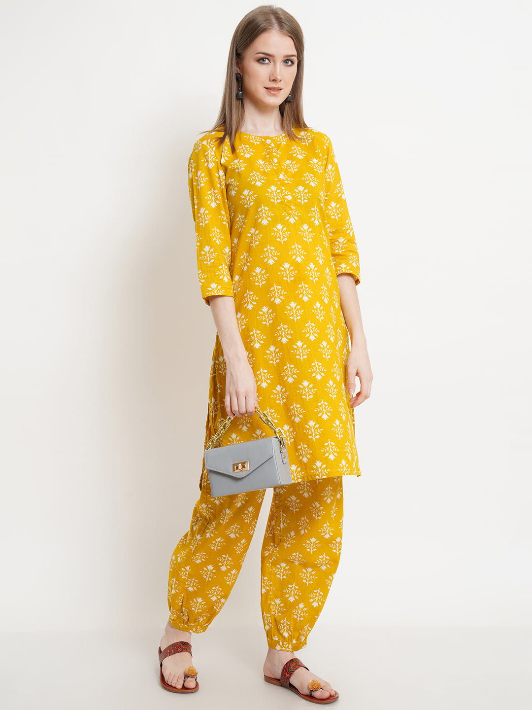 Ensemble Kurta et Palazzo en coton jaune moutarde pour femme