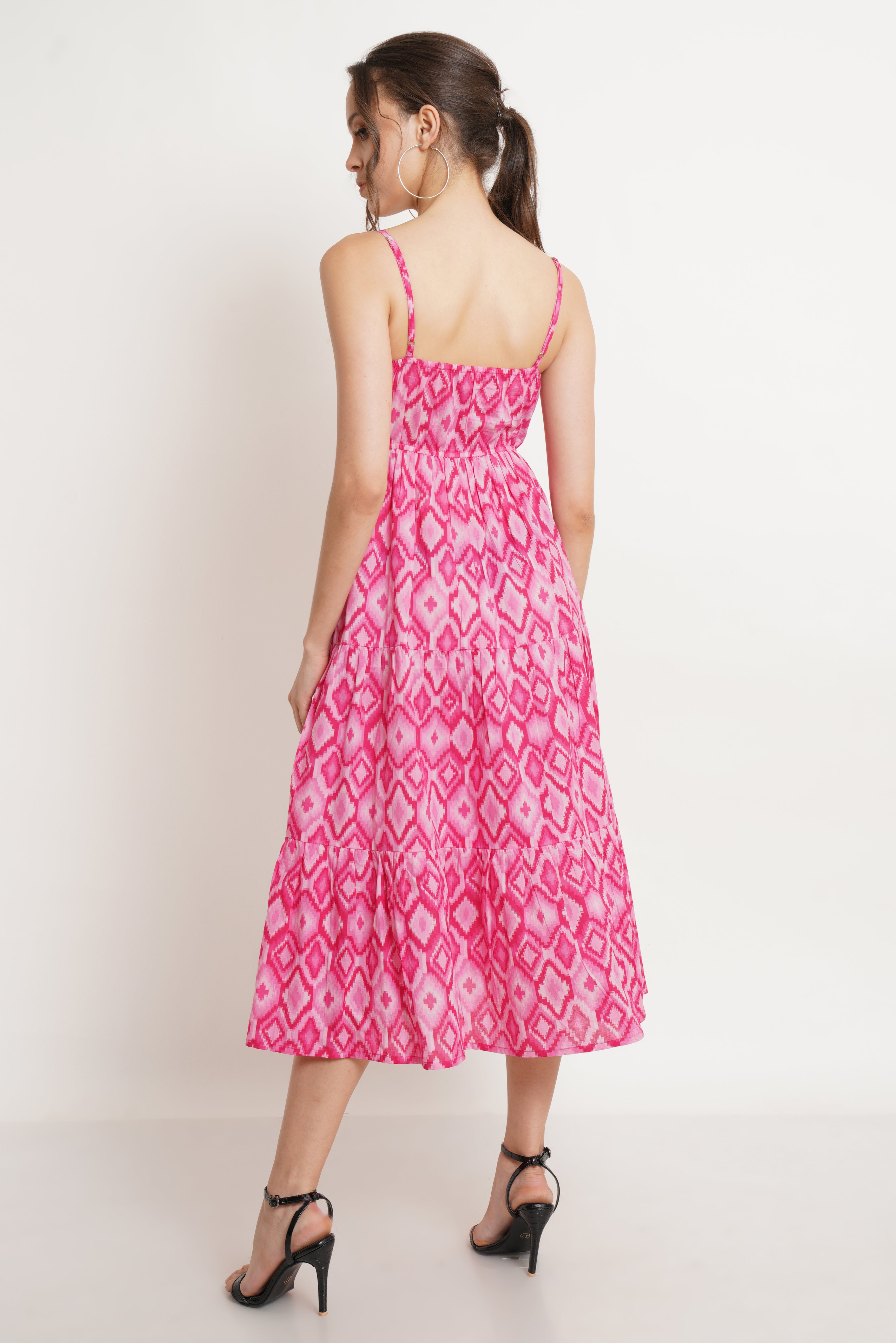 Pink Ikat Print Flared Cotton Dress For Women