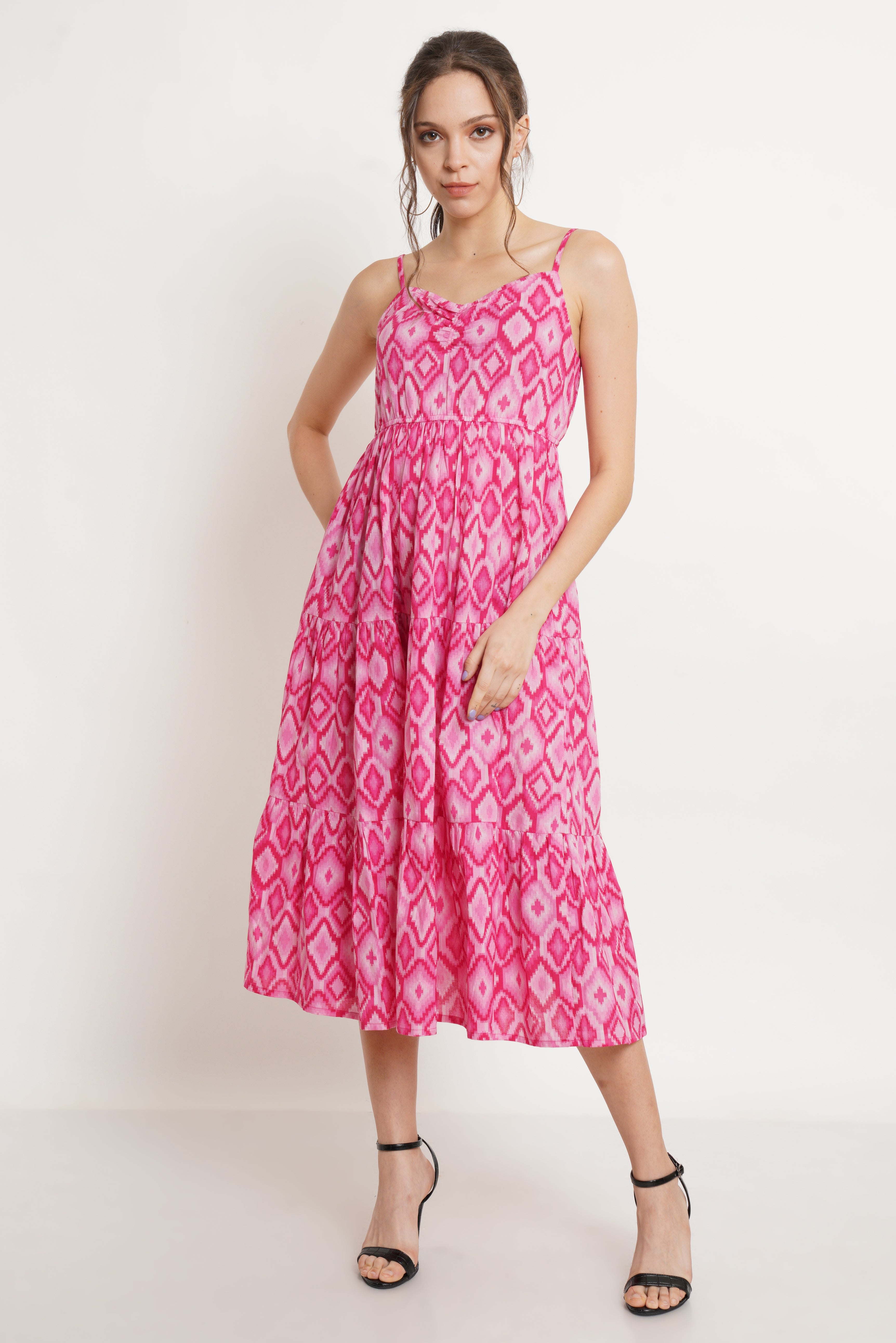 Pink Ikat Print Flared Cotton Dress For Women