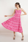 Pink Ikat Print Flared Cotton Dress For Women