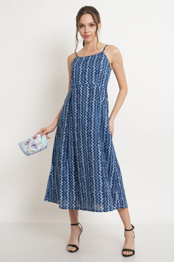 Geometrisches blaues Baumwollkleid für Damen