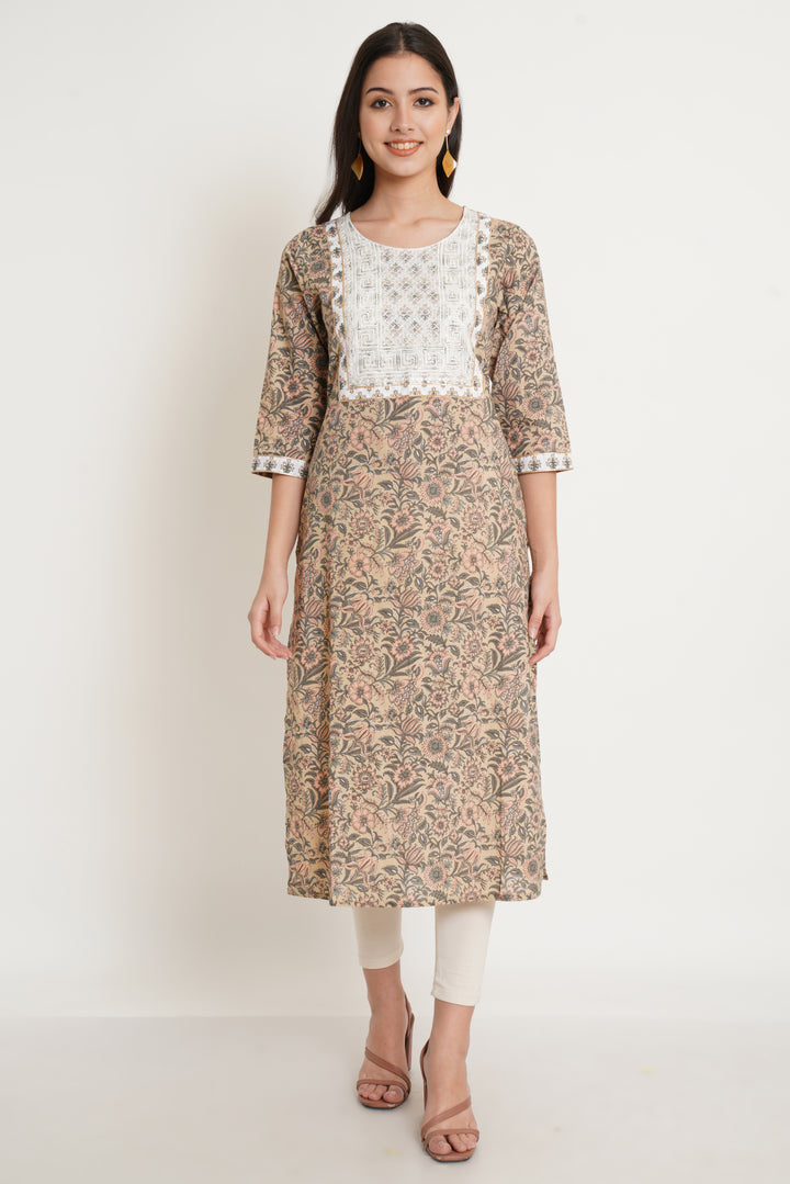 Beige Traditional Jaipuri Kurta For Women