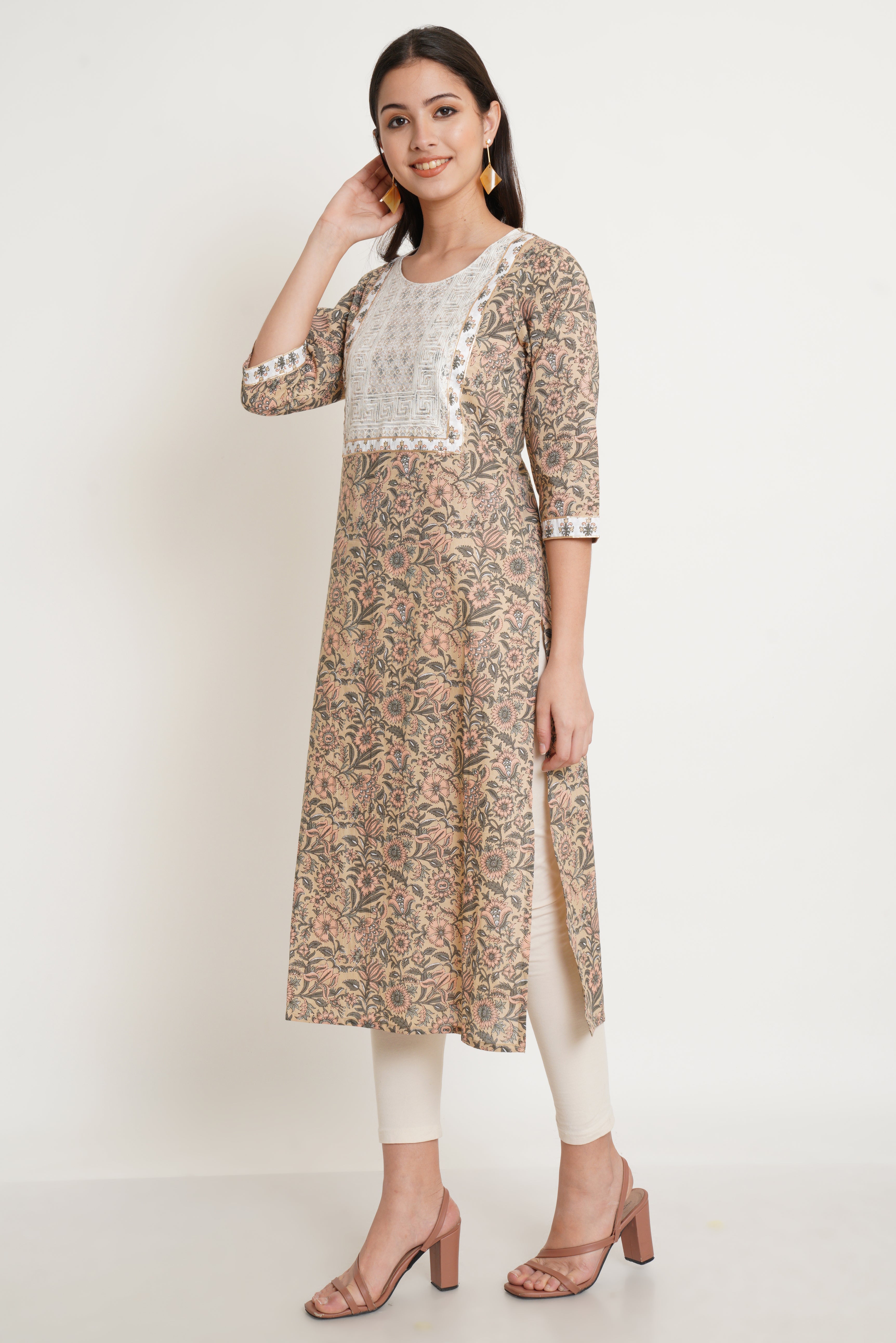 Beige Traditional Jaipuri Kurta For Women