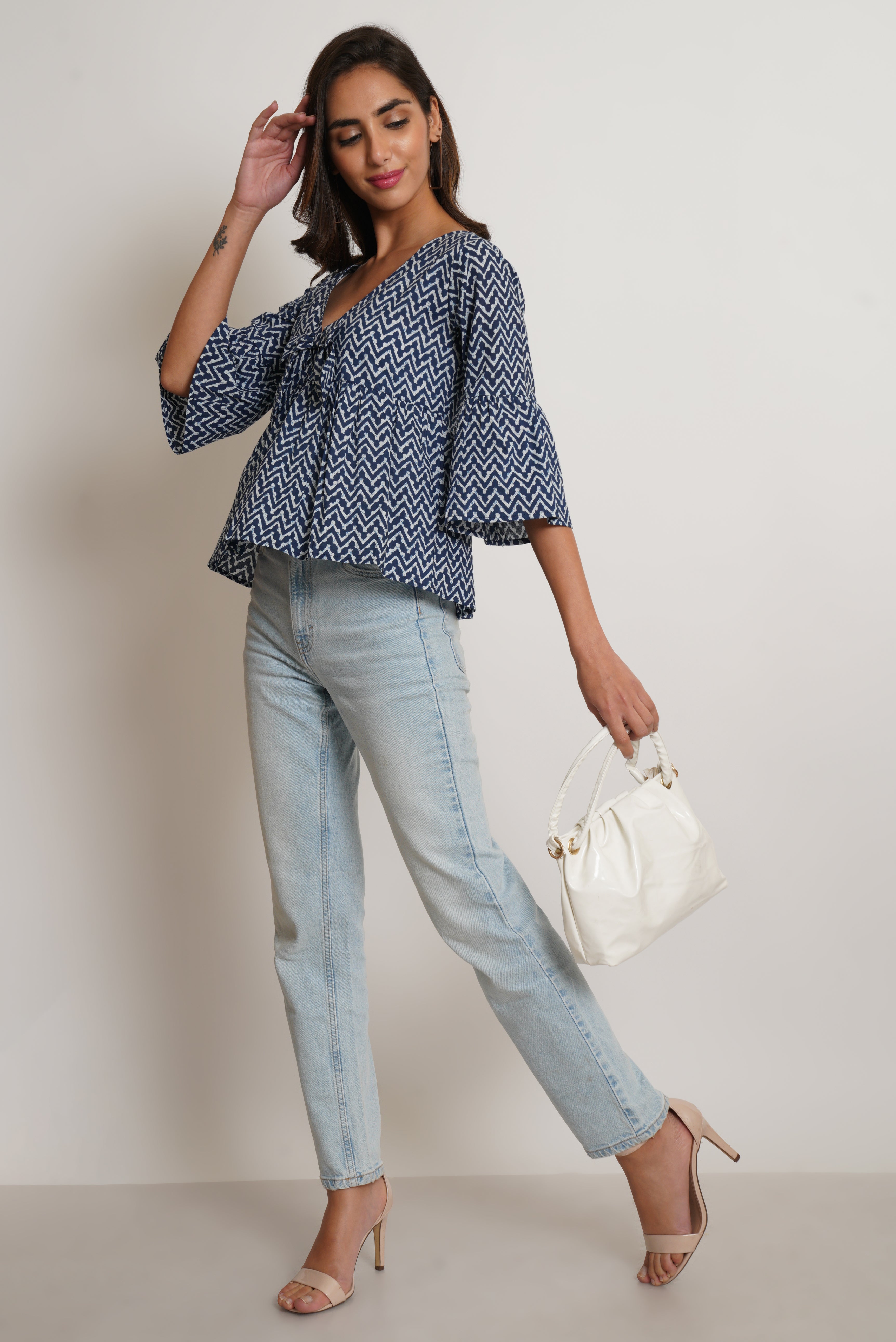 Blue Chevron Pattern Cotton Top For Women by COTLAND - view 5