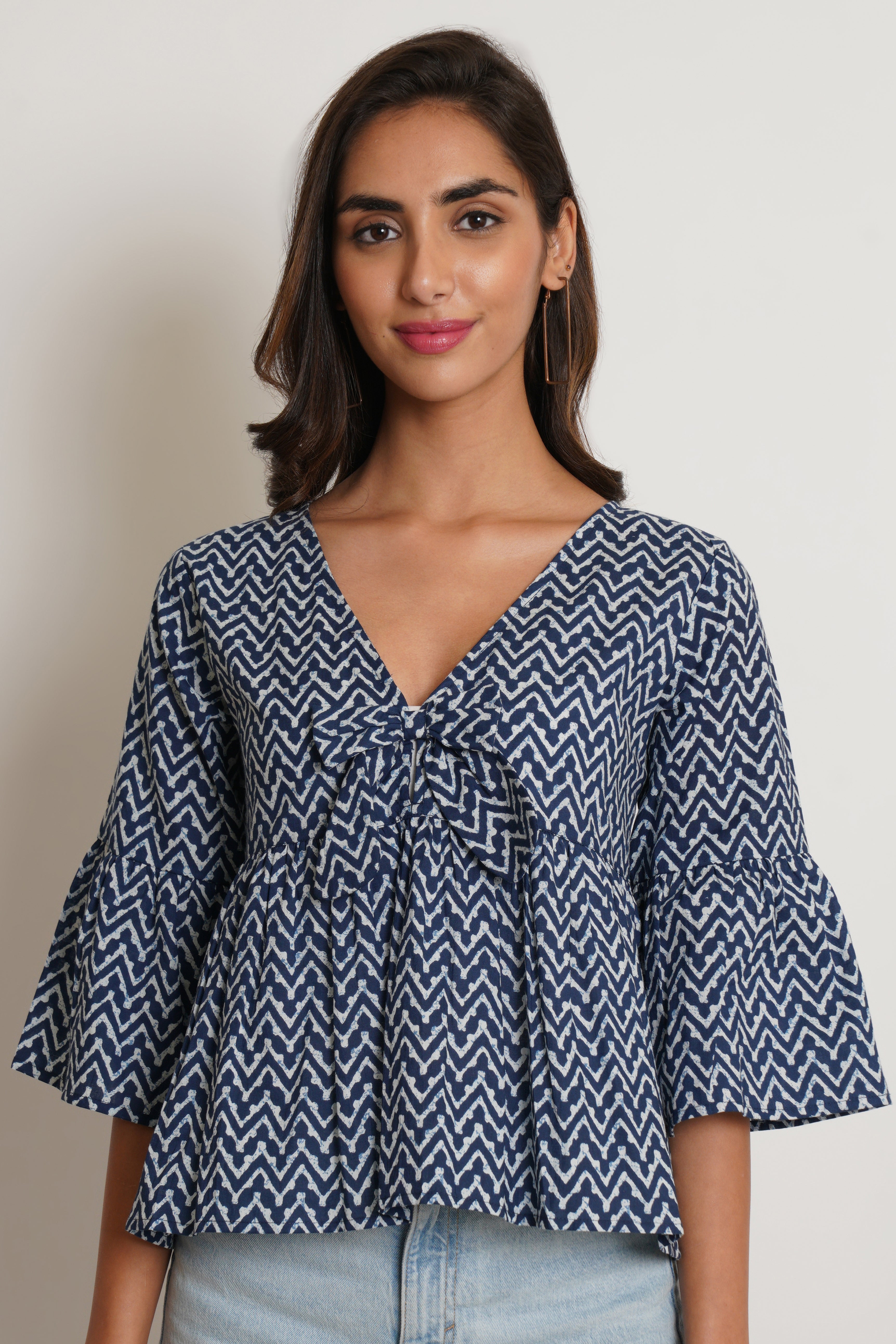 Blue Chevron Pattern Cotton Top For Women by COTLAND - view 3