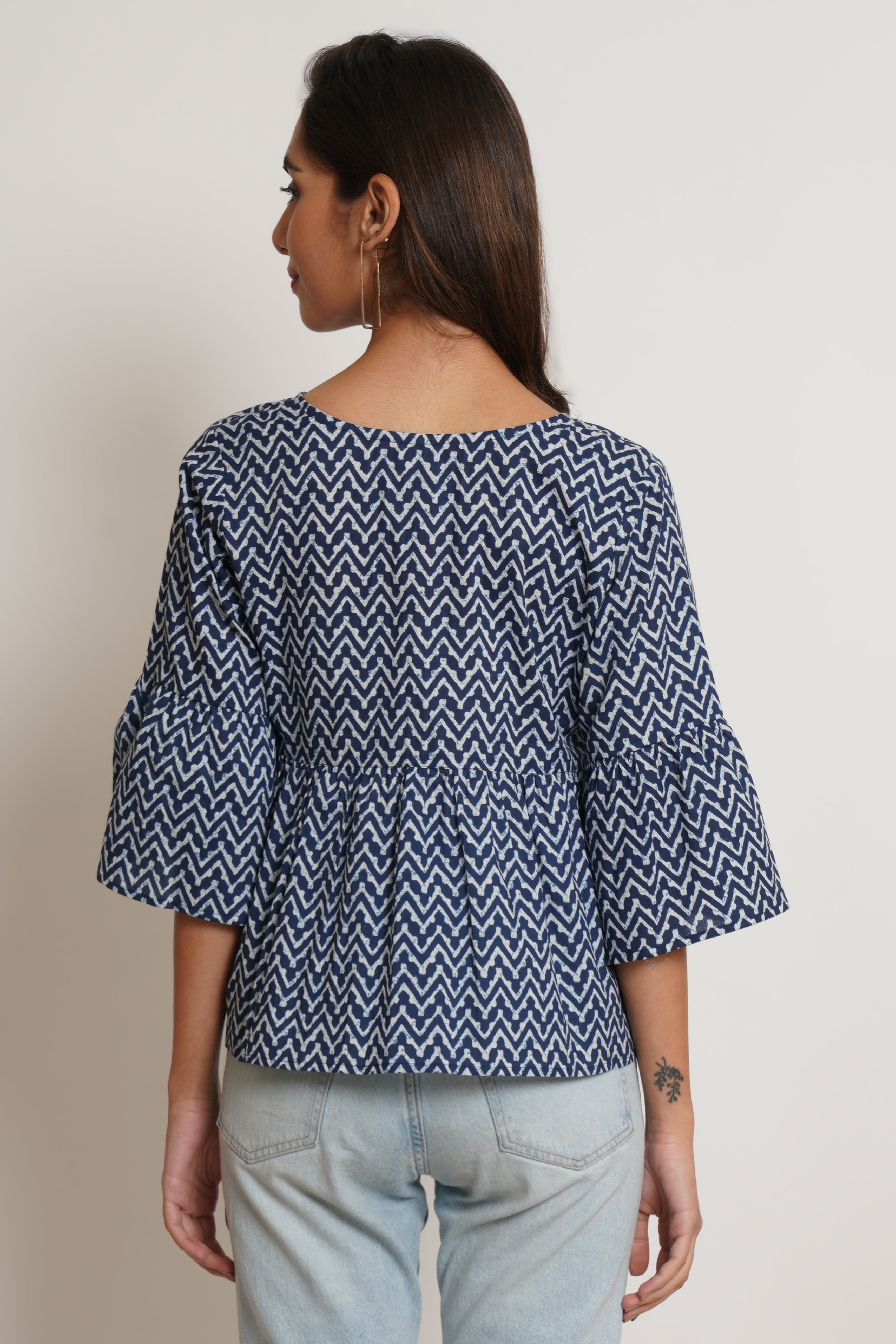 Blue Chevron Pattern Cotton Top For Women