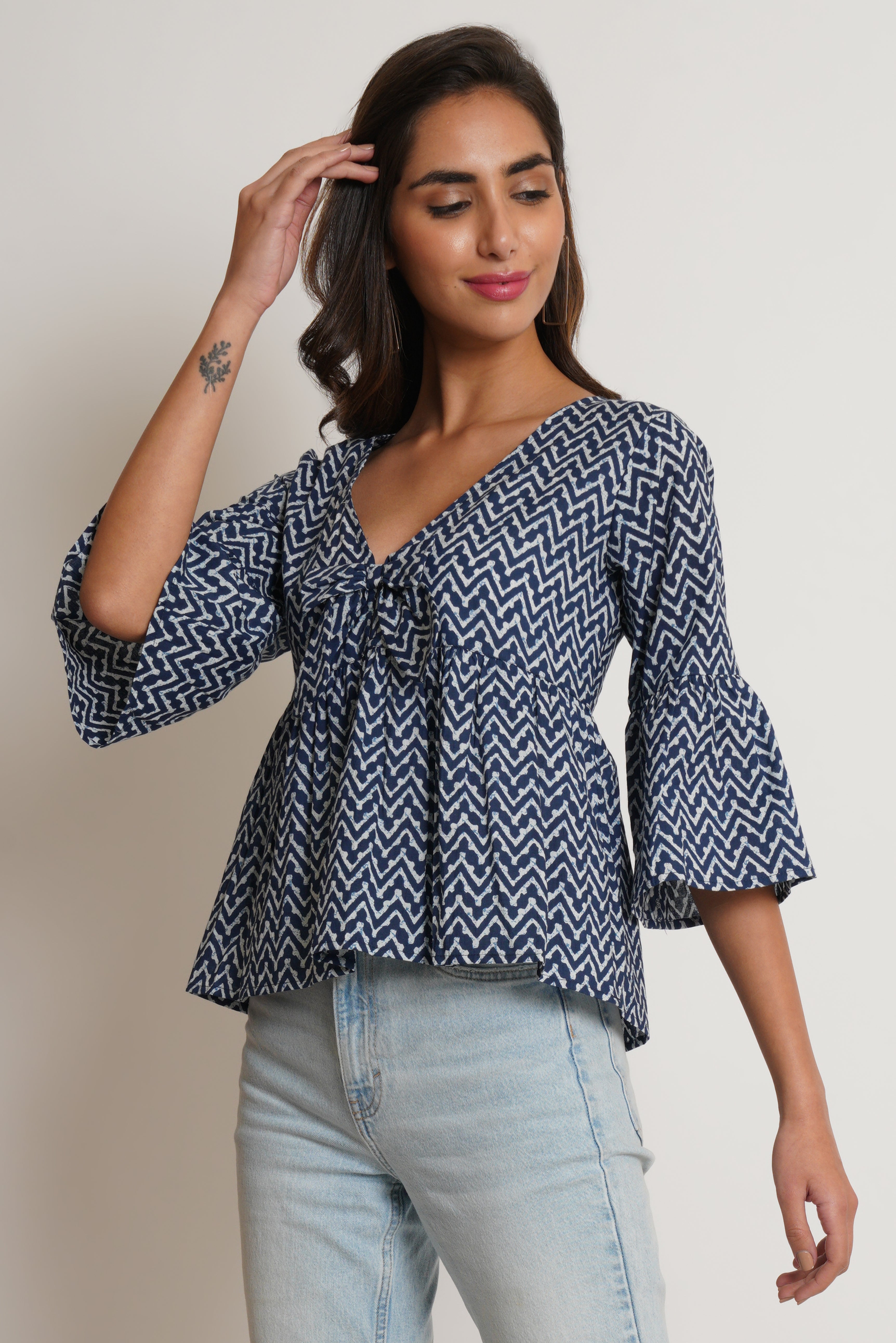 Blue Chevron Pattern Cotton Top For Women by COTLAND