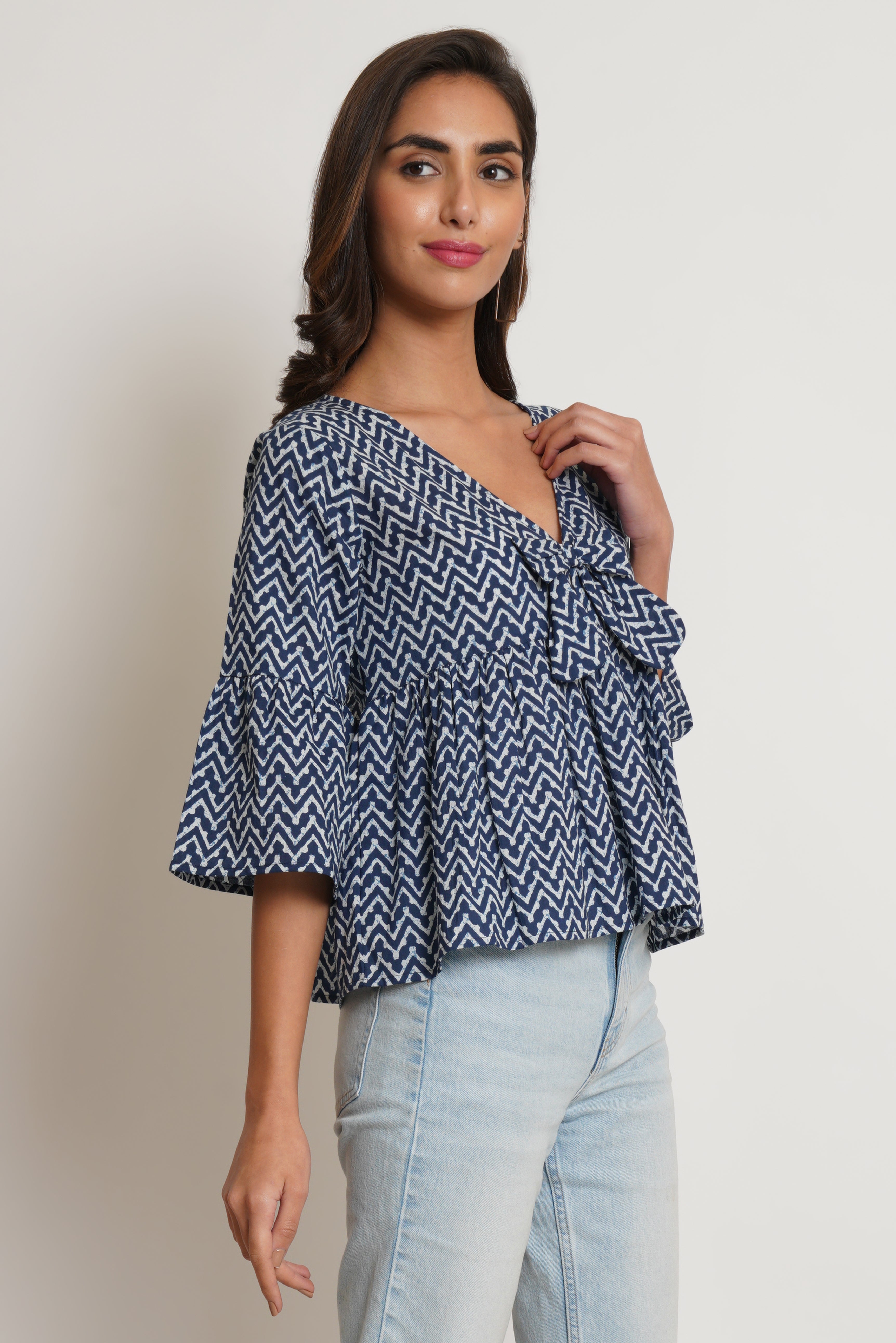 Blue Chevron Pattern Cotton Top For Women by COTLAND - view 2