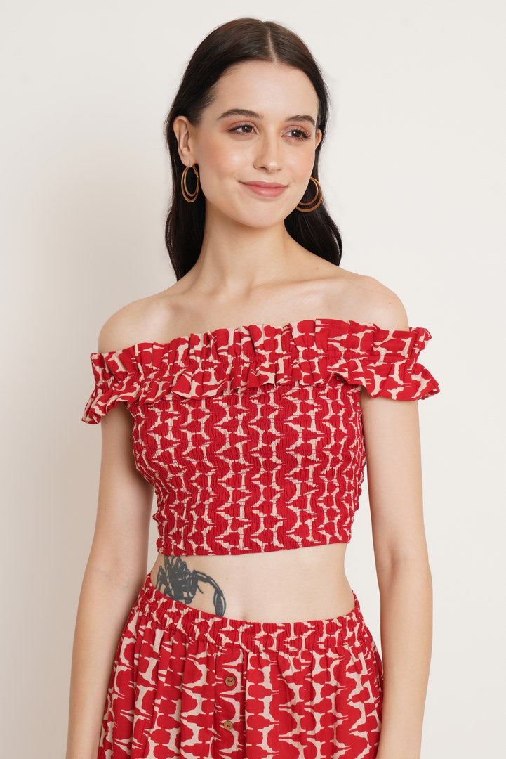 Off Shoulder Top and Skirt Co-Ord Set in Jaipuri Cotton for Women