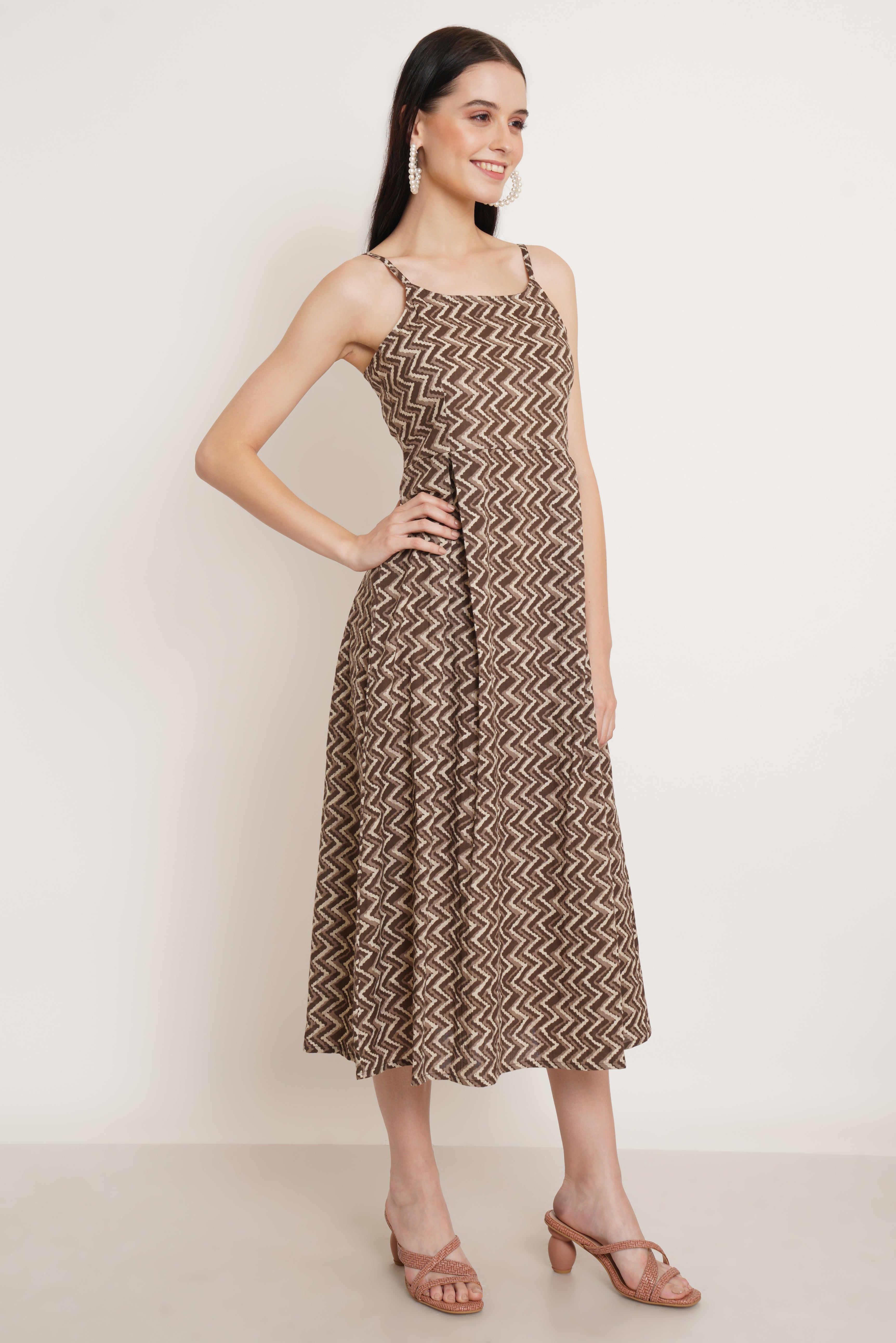 Zigzag Cotton Flared Midi Dress for Women