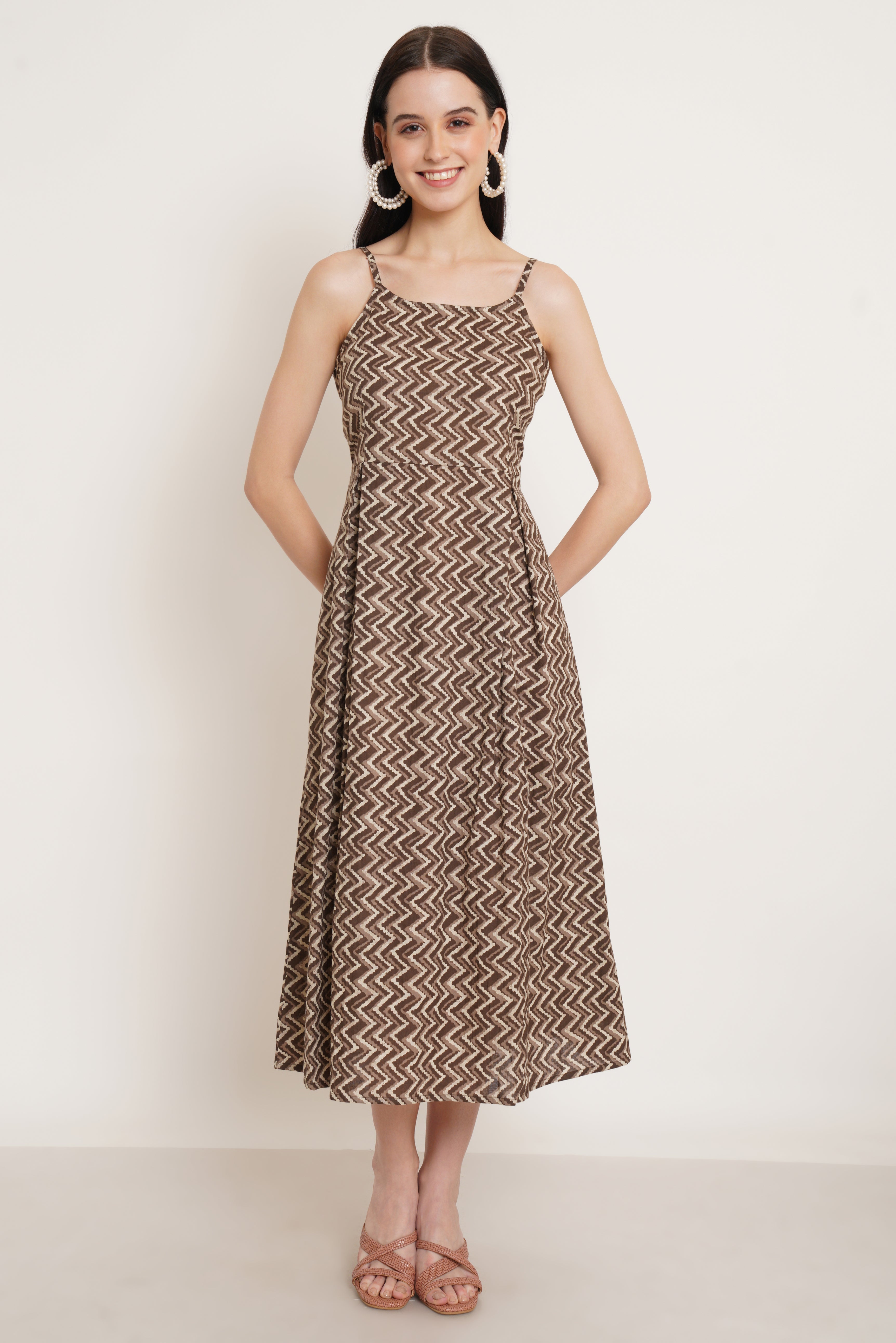 Zigzag Cotton Flared Midi Dress for Women