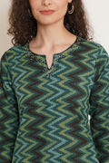 Kurti court en coton à zigzag géométrique vert pour femme