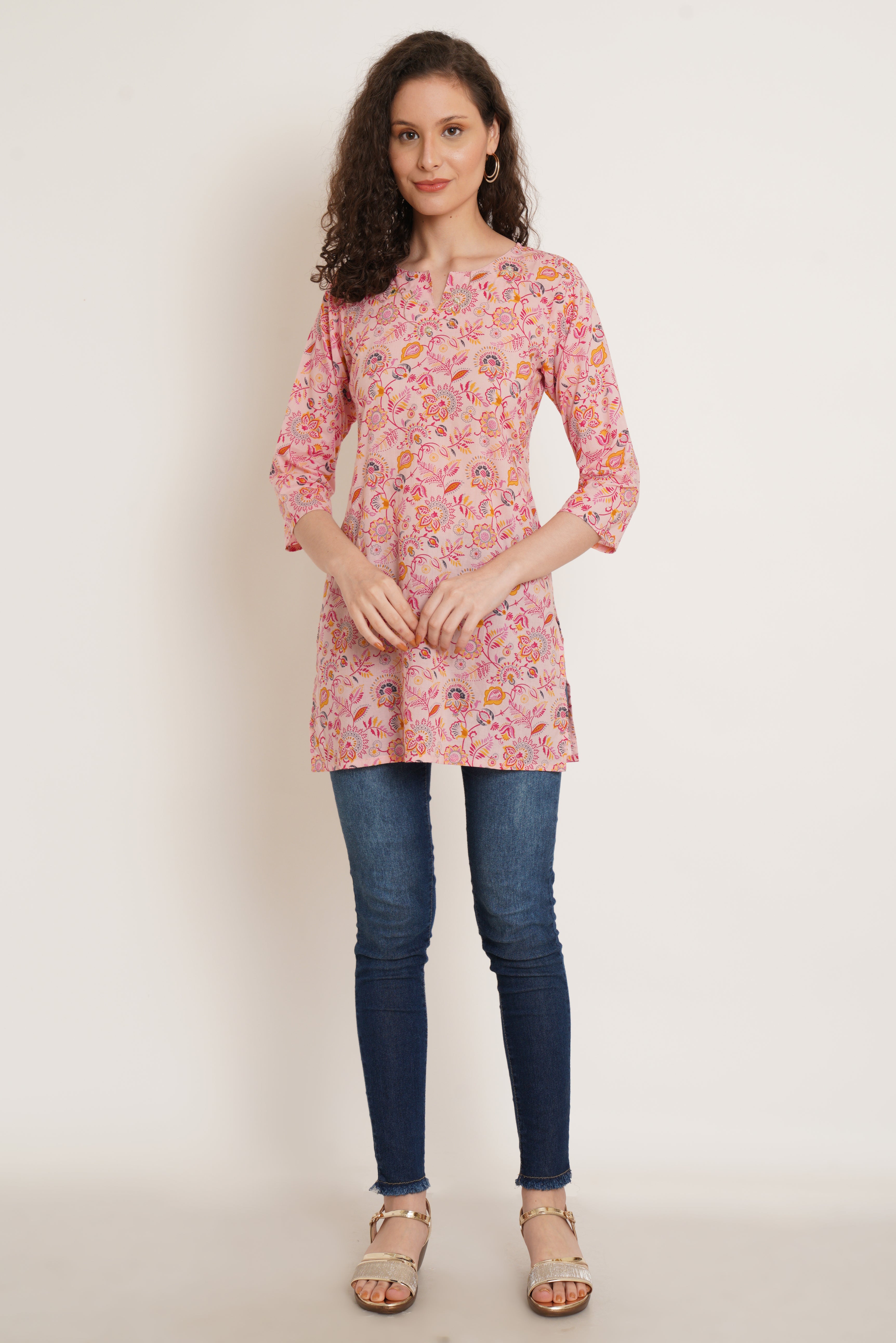 Floral Printed Pink Short Kurti for Women