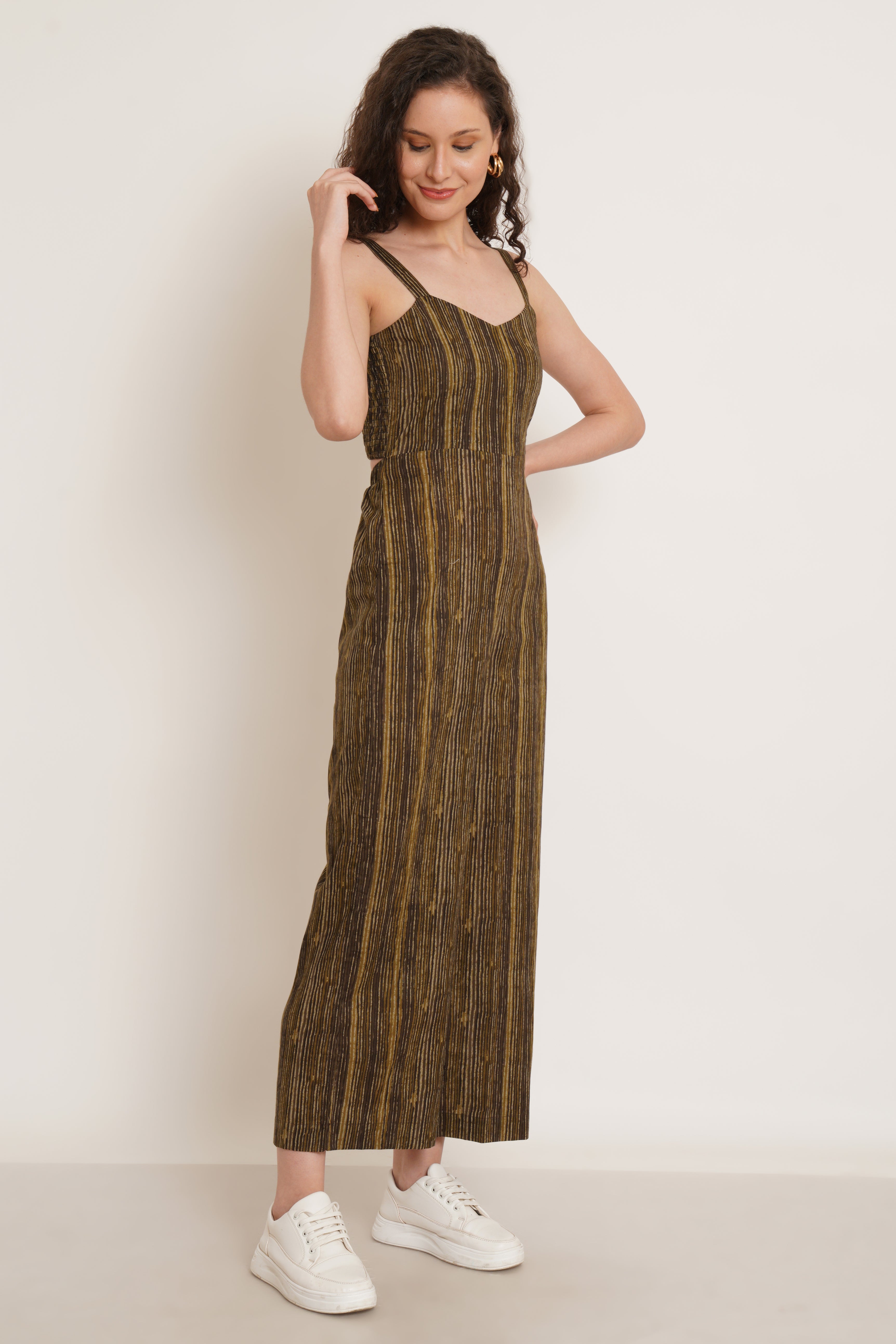 Brown Vertical Stripes Jumpsuit For Women