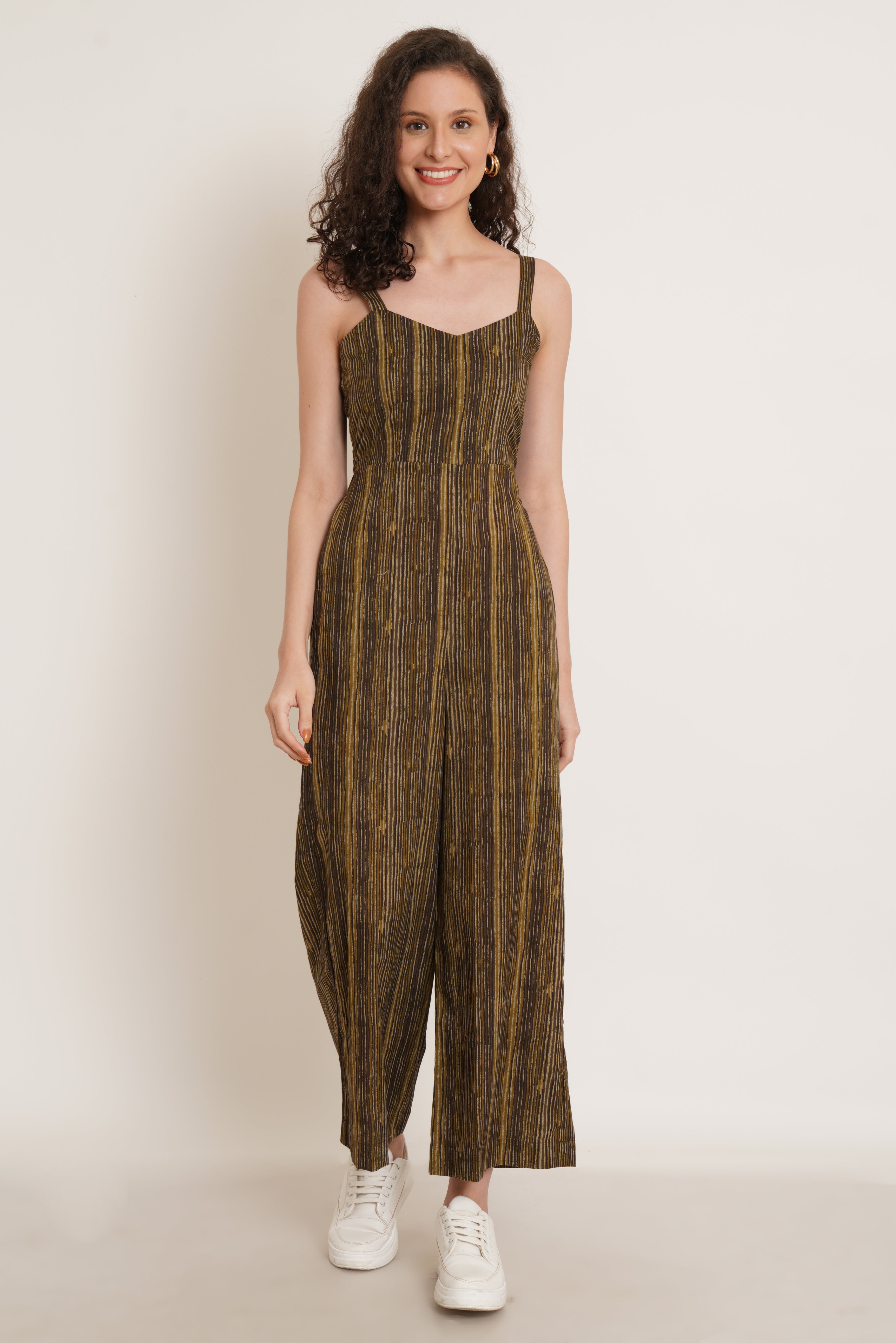 Brown Vertical Stripes Jumpsuit For Women