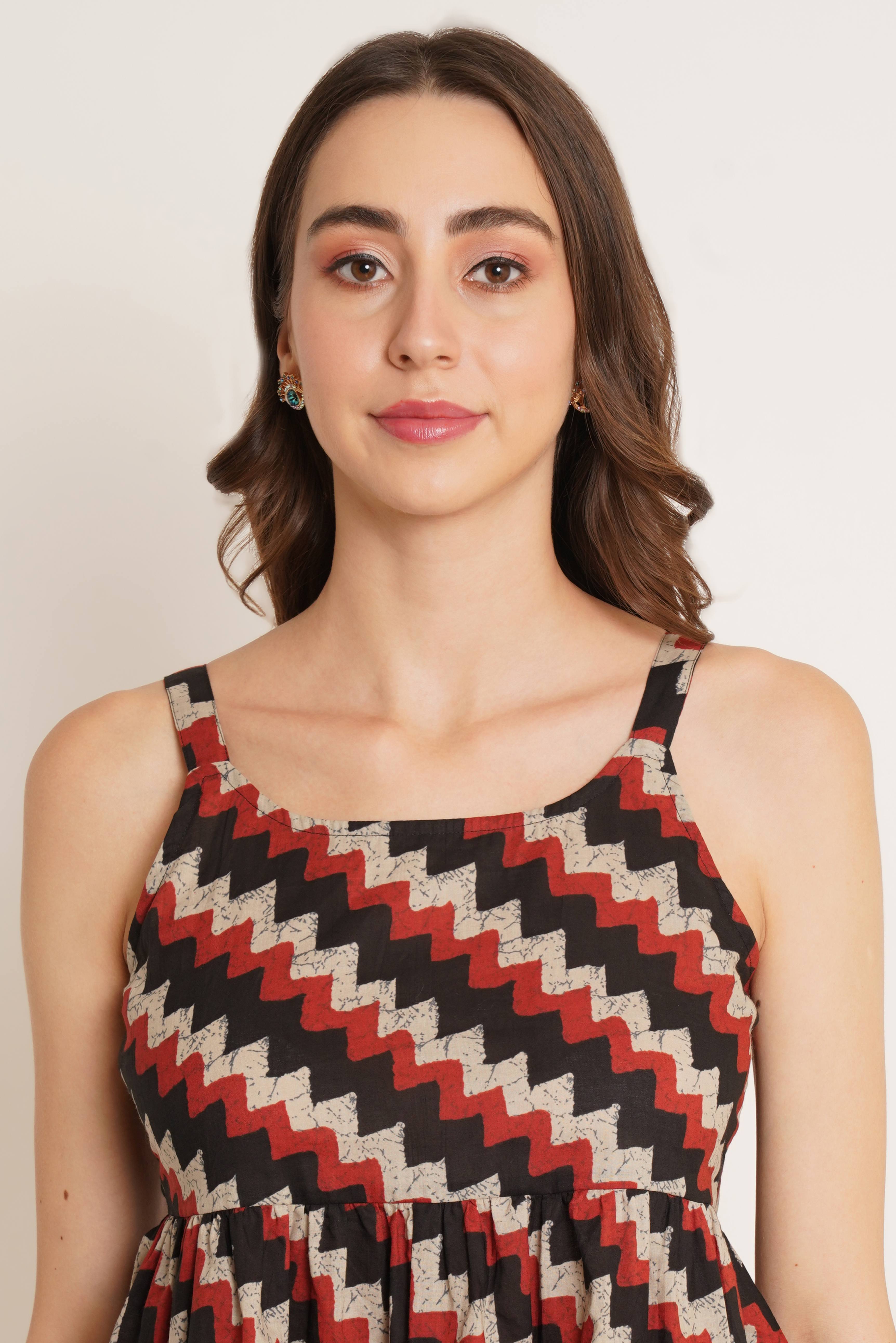 Haut en coton à imprimé ikat à bretelles avec ceinture pour femme