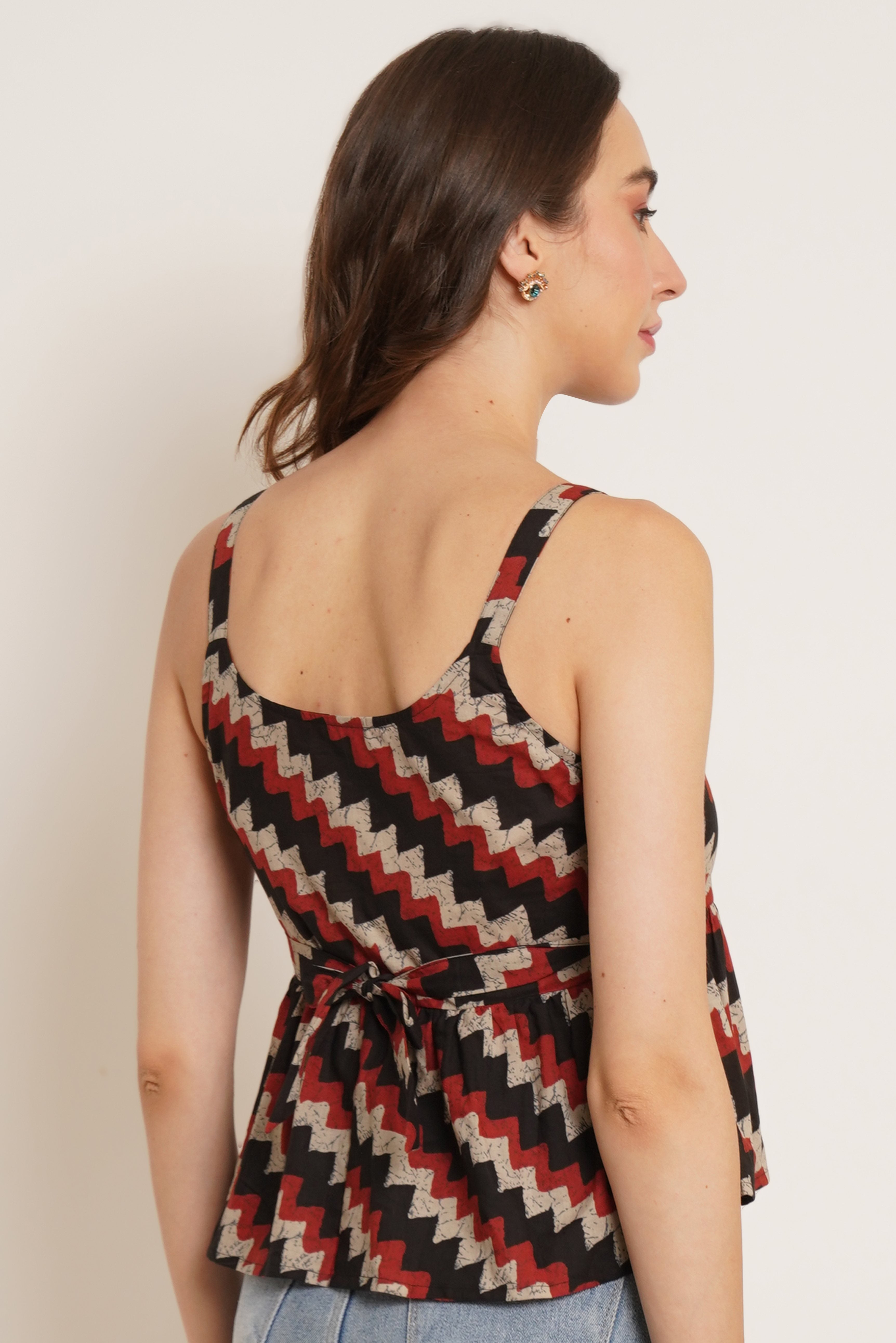Haut en coton à imprimé ikat à bretelles avec ceinture pour femme