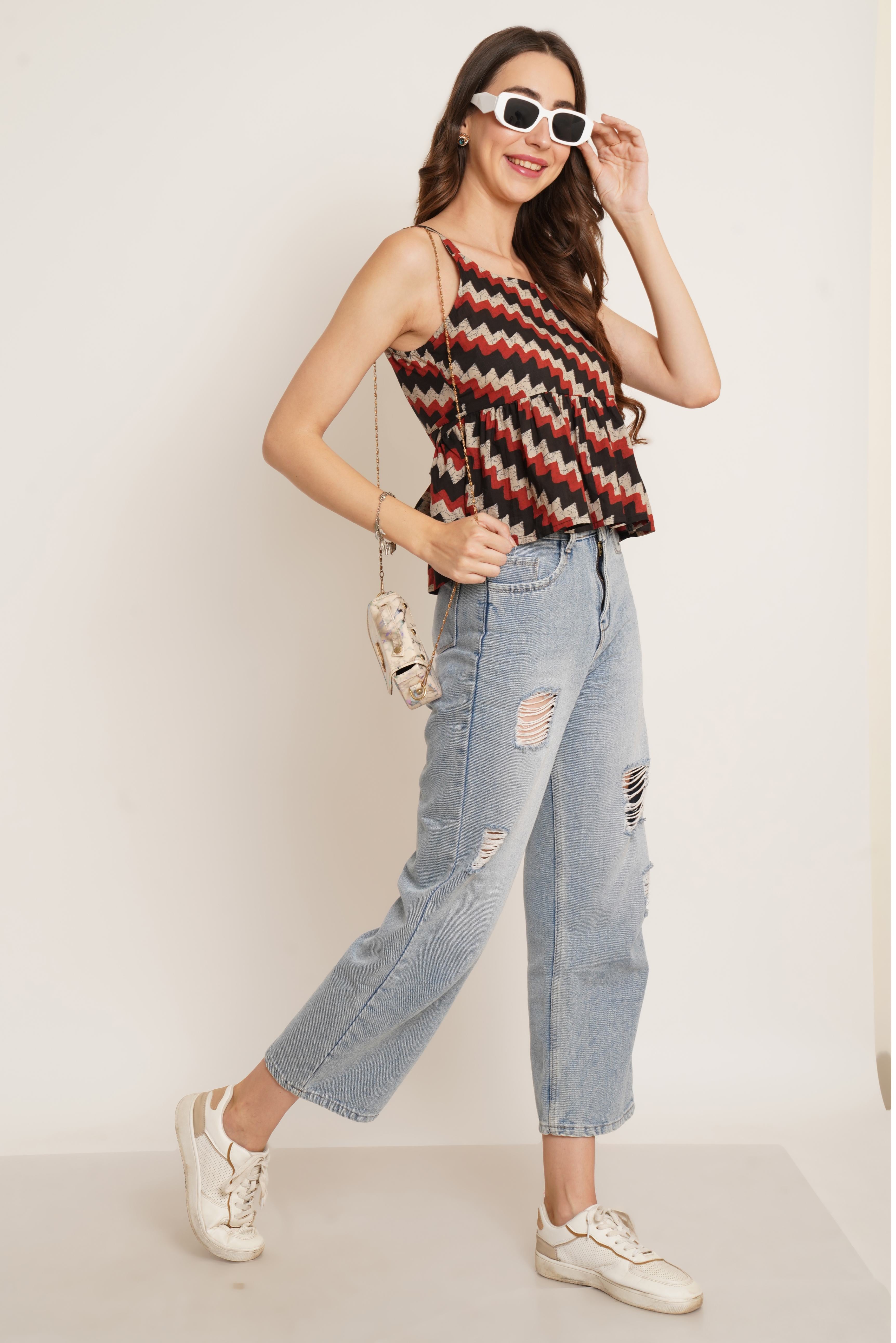 Haut en coton à imprimé ikat à bretelles avec ceinture pour femme