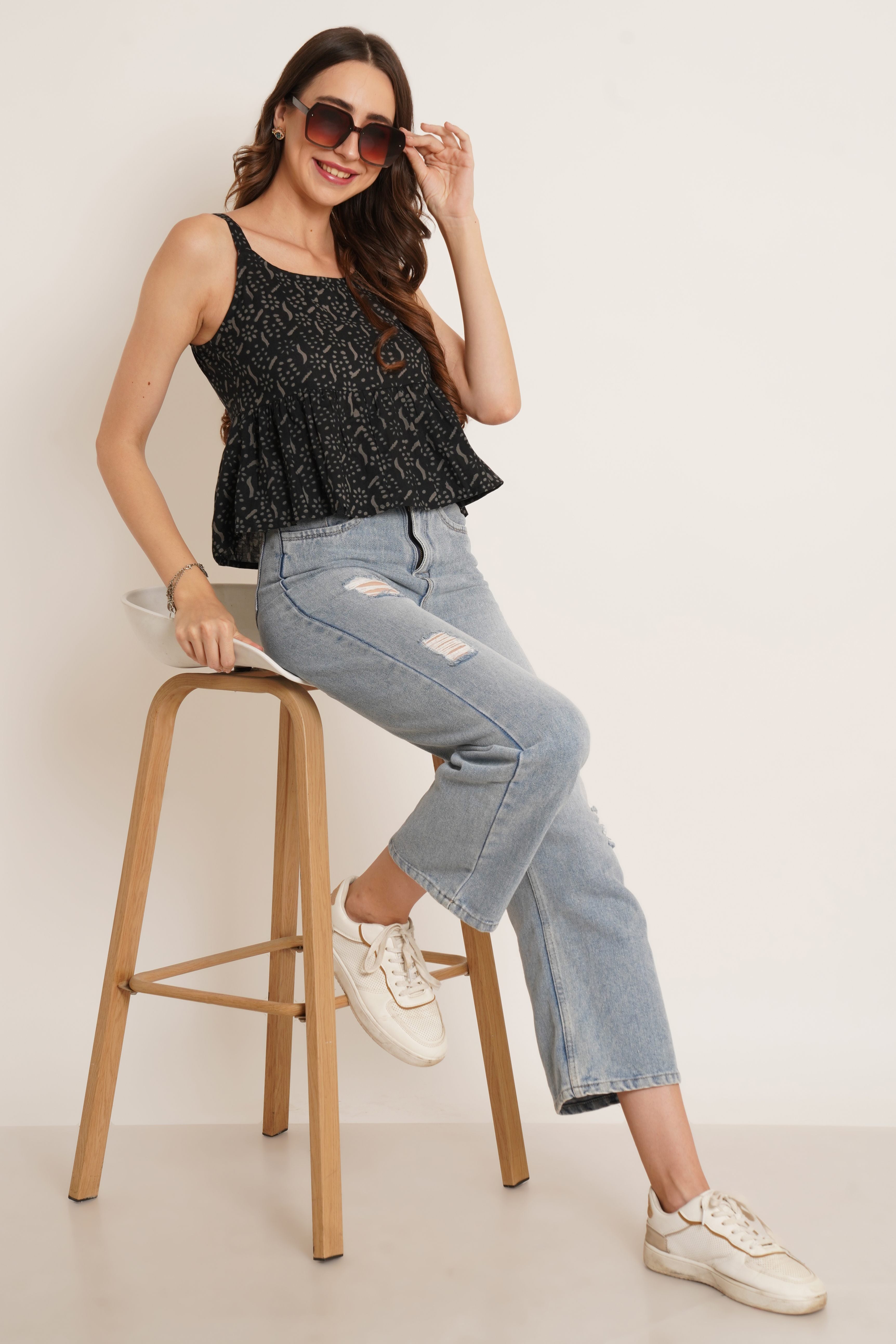 Trägertop aus Baumwolle mit Ikat-Print und Taillengürtel für Damen