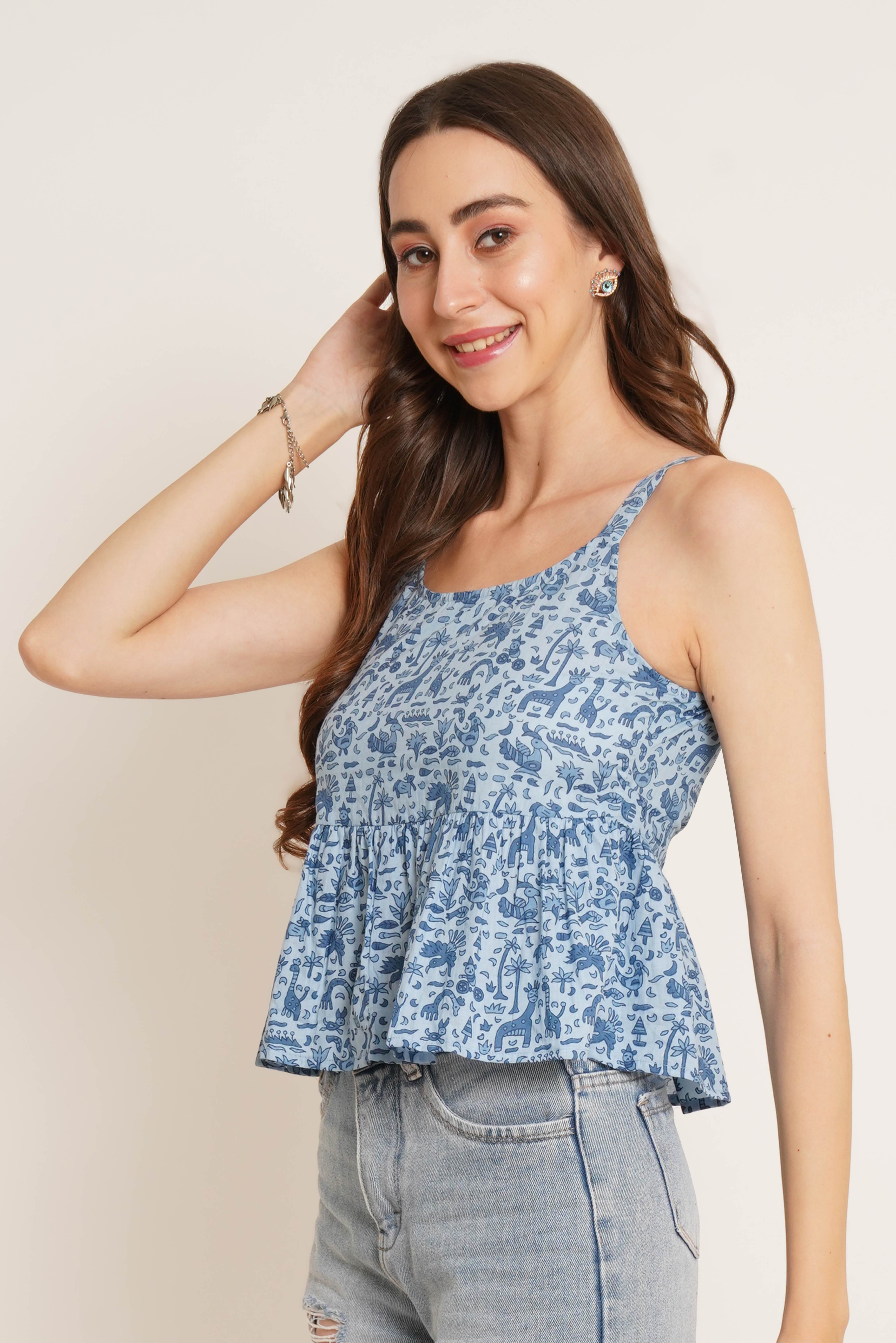 Jaipuri Cotton Printed Peplum Crop Top – Sleeveless & Lightweight for Women