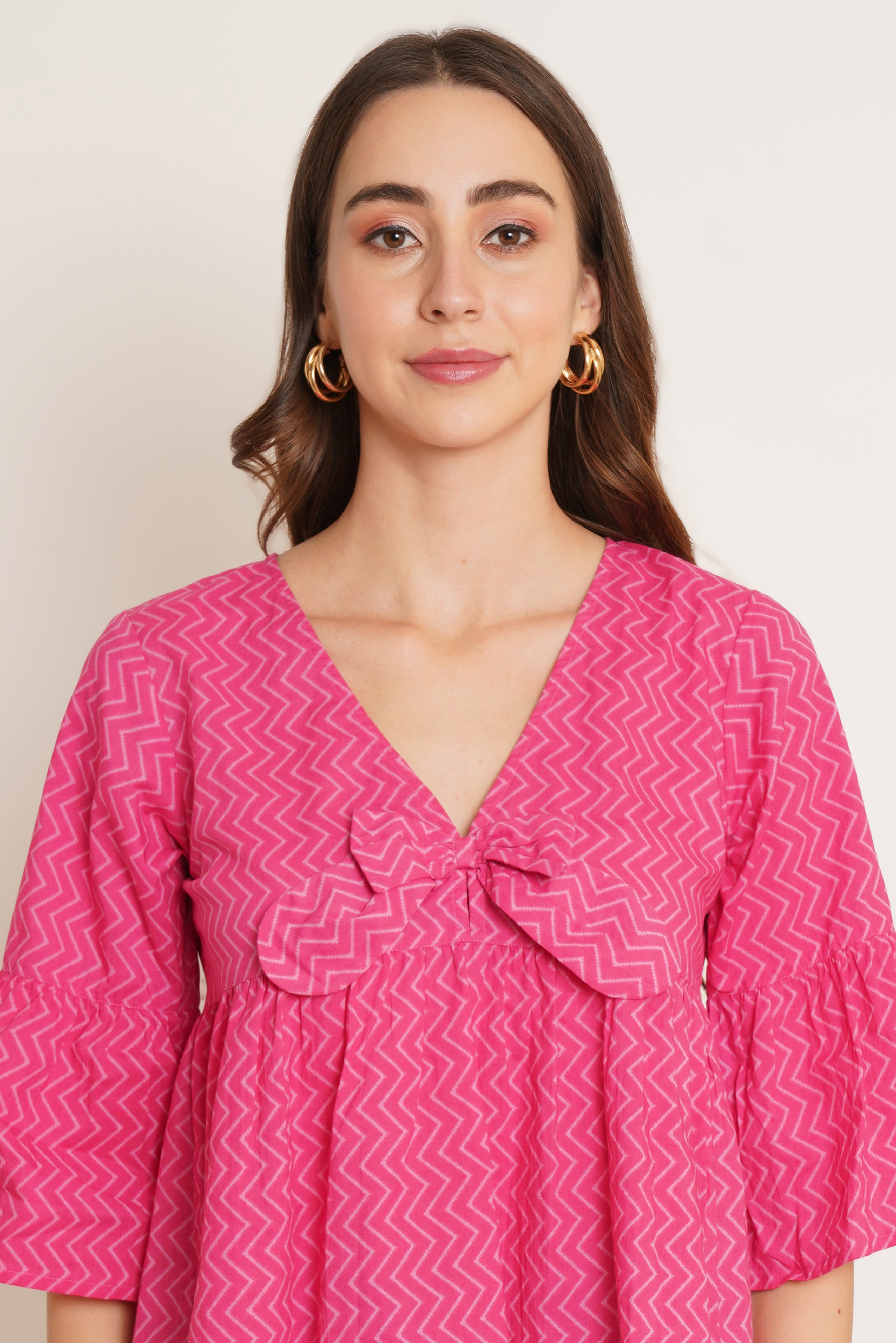 Pink Zig-Zag Peplum Cotton Top For Women