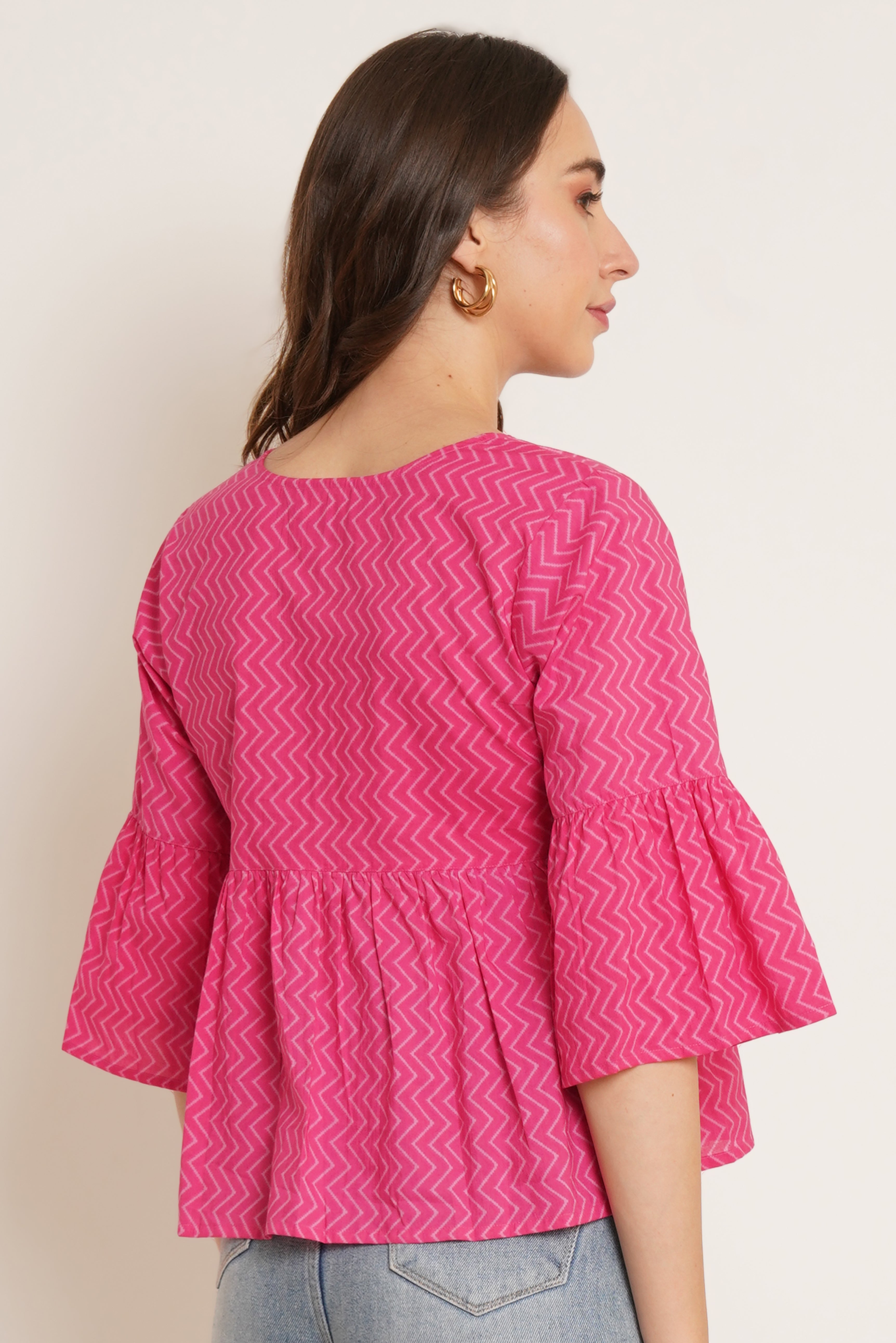 Pink Zig-Zag Peplum Cotton Top For Women