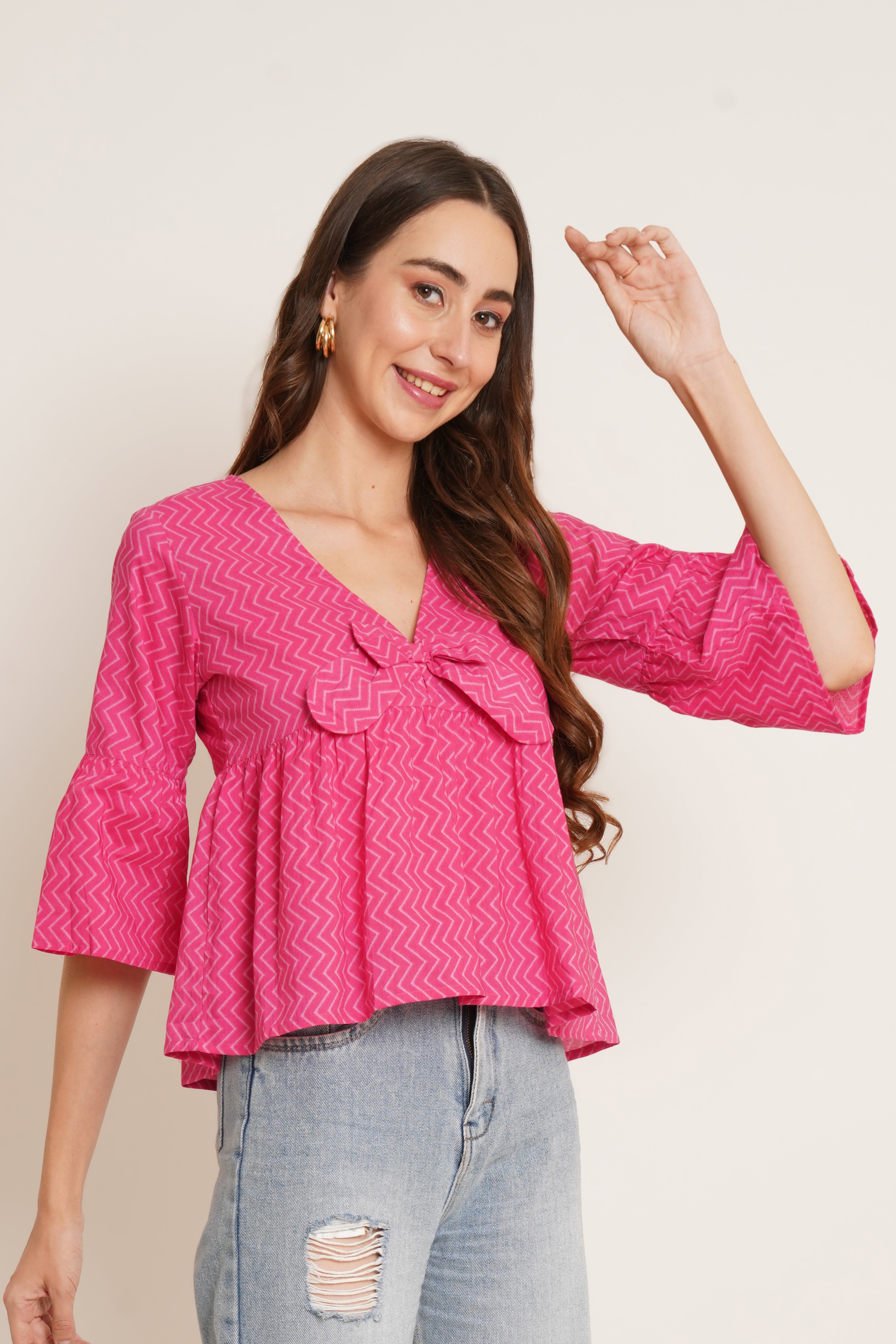 Pink Zig-Zag Peplum Cotton Top For Women