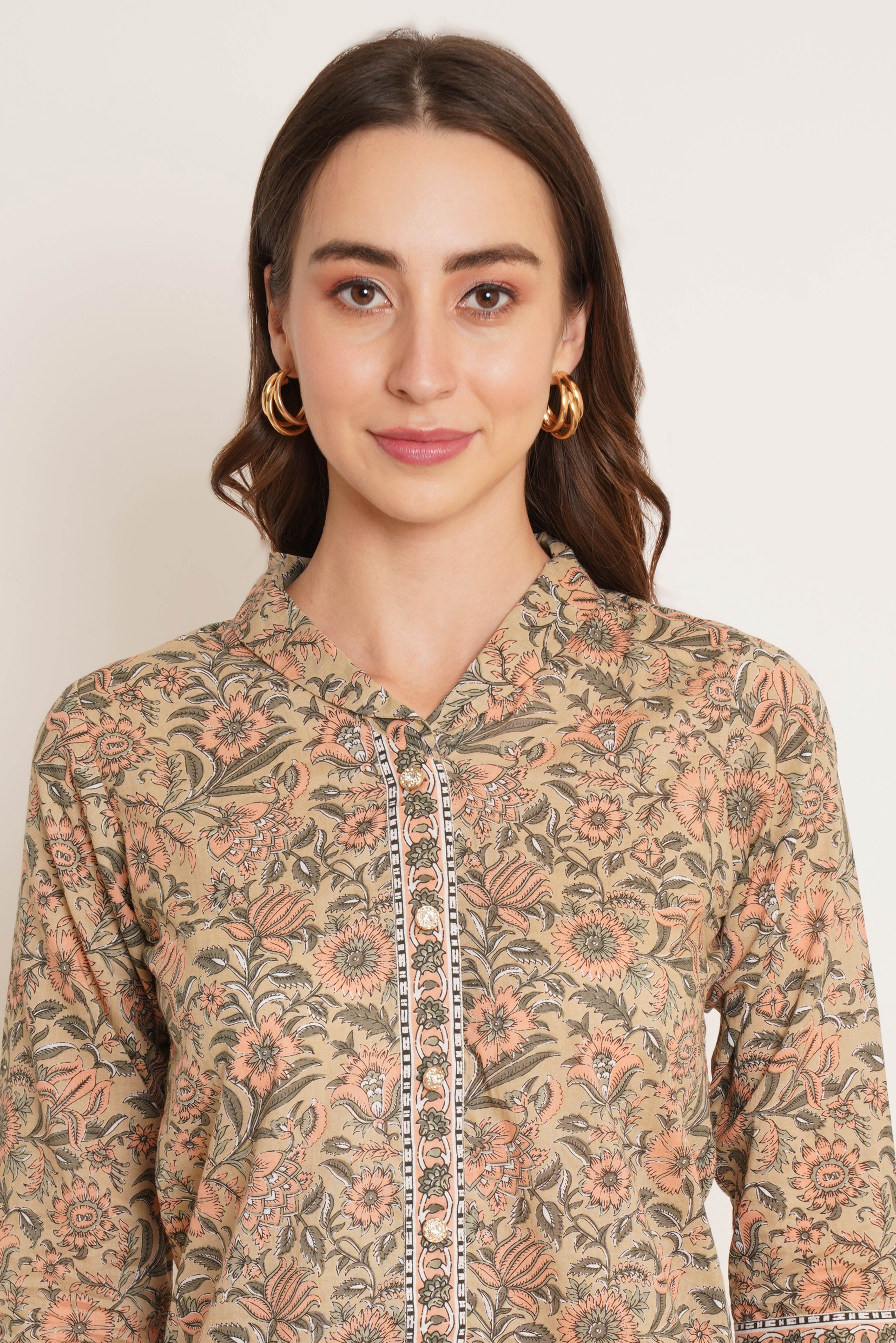 Jaipuri Print Button Down Kurti Style Cotton Top For Women