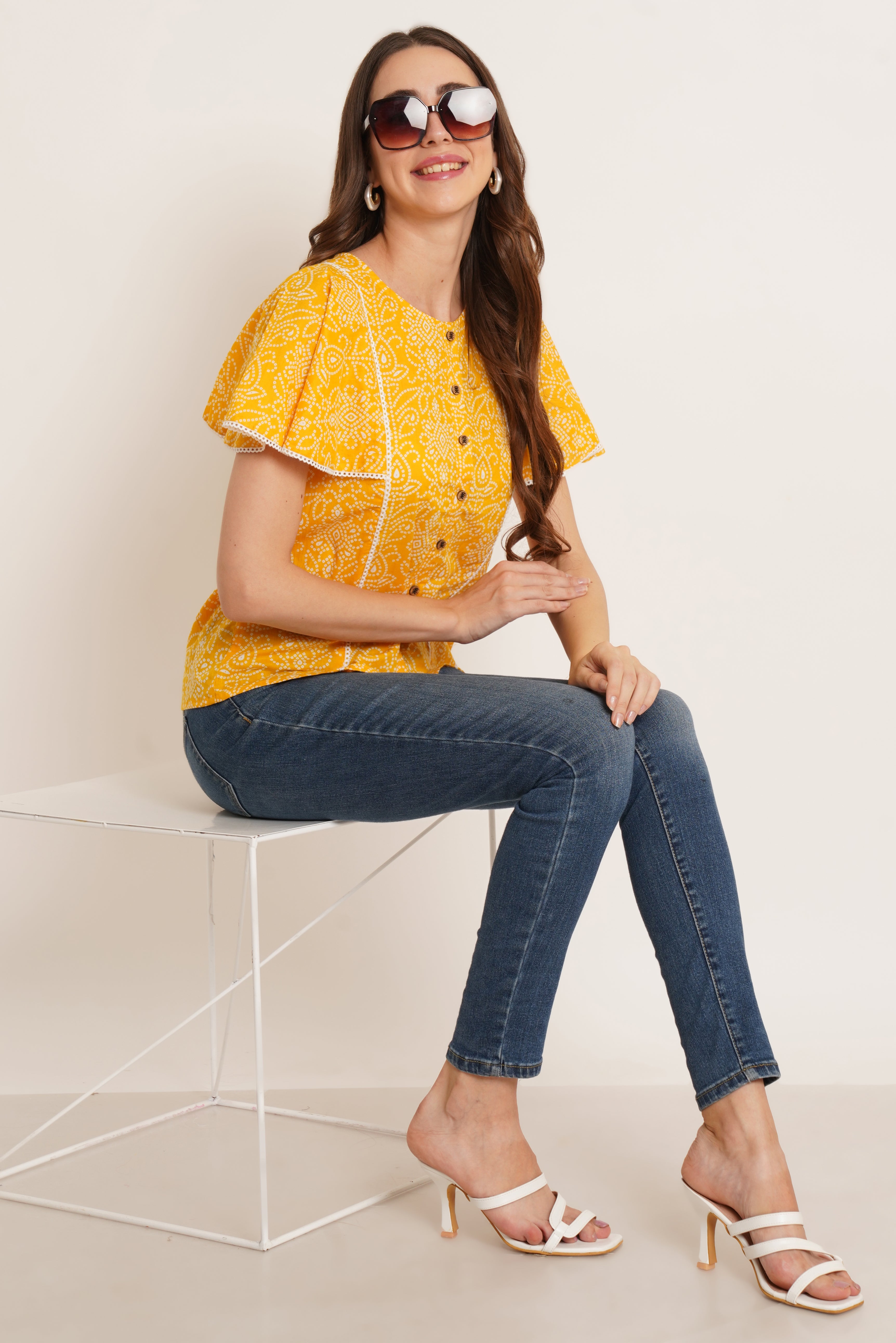 Elegant Jaipuri Flutter Sleeve Cotton Top For Women